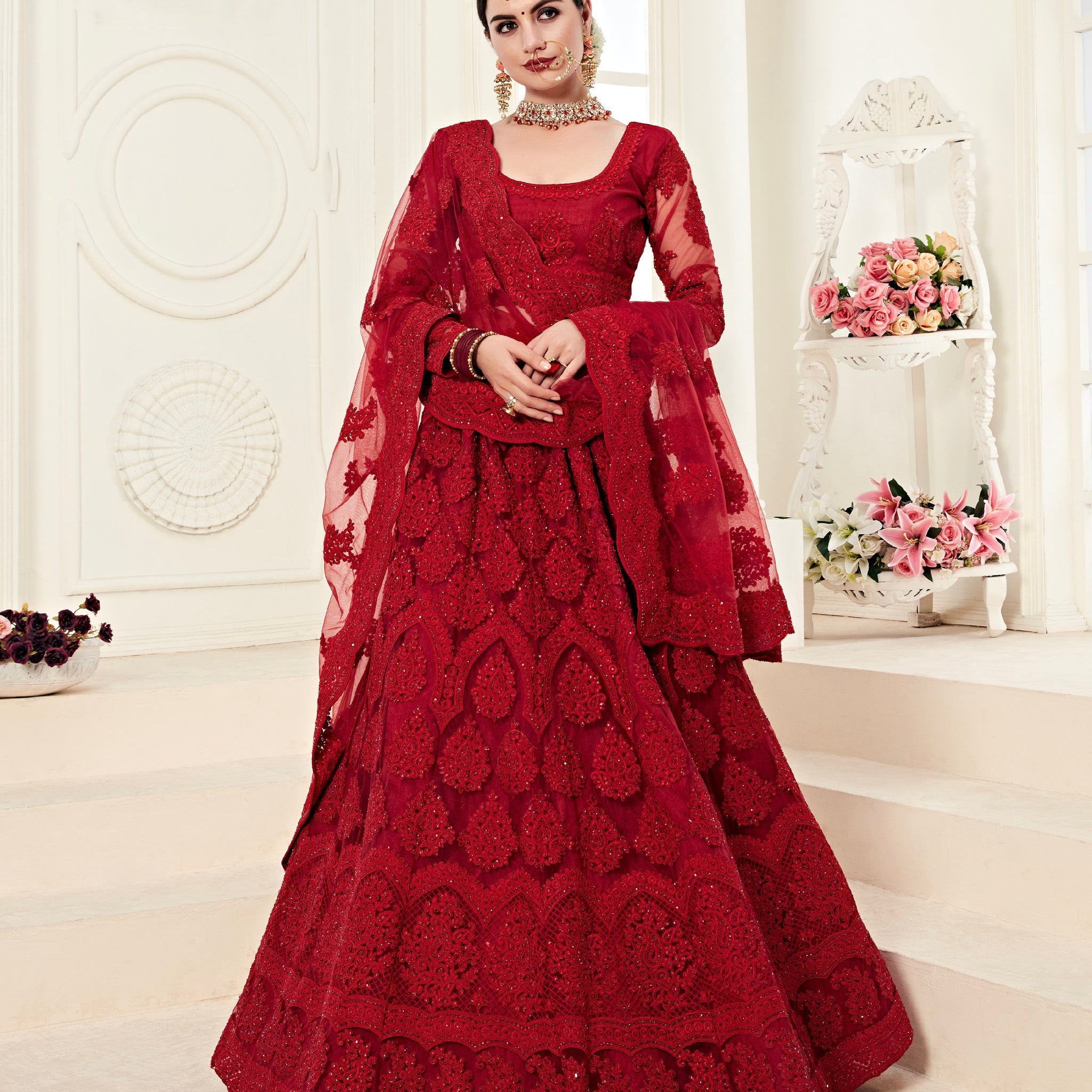 Red Net Lehenga with Heavy Cording Embroidery & Sparkling Stone Work