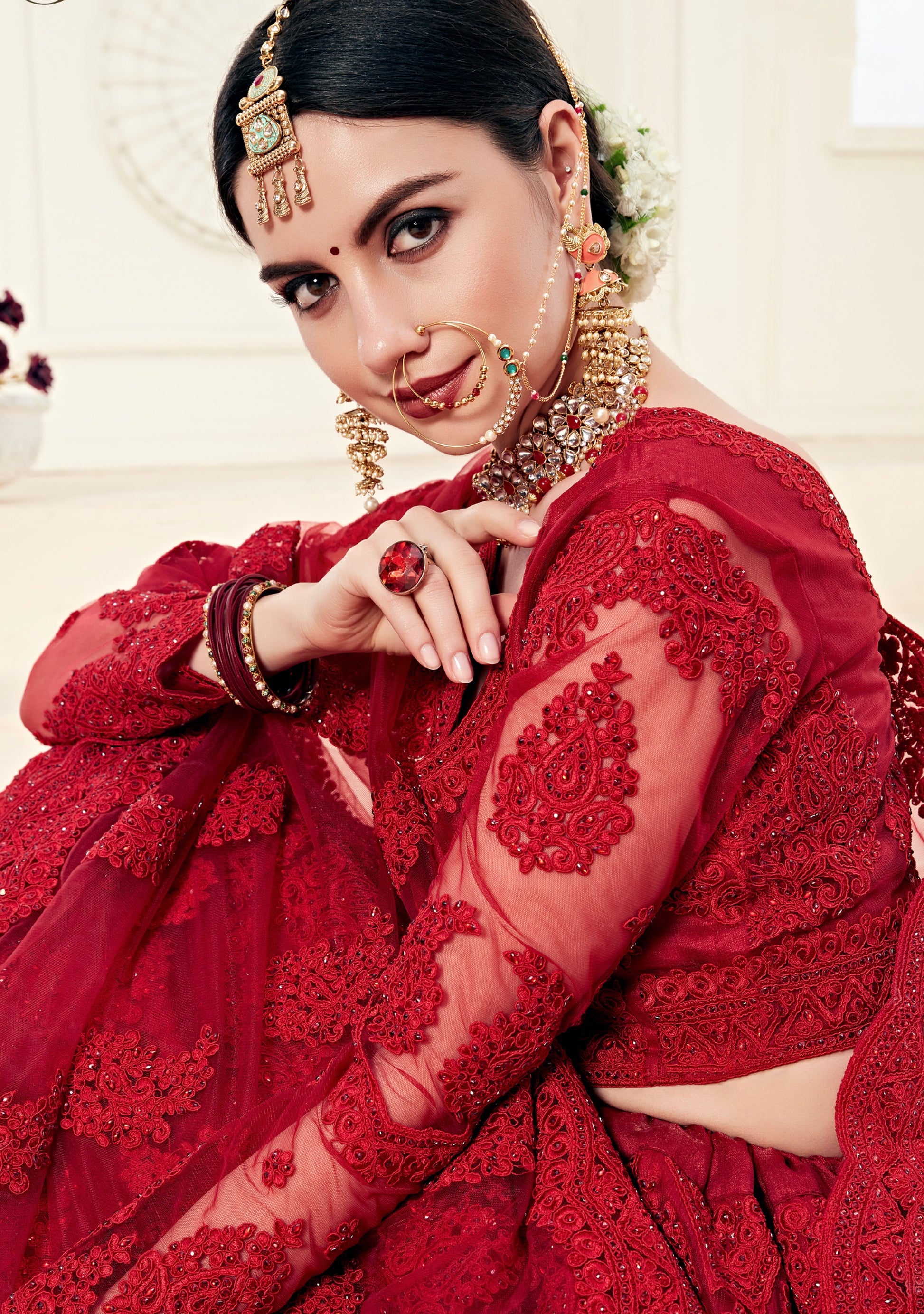 Red Net Lehenga with Heavy Cording Embroidery & Sparkling Stone Work