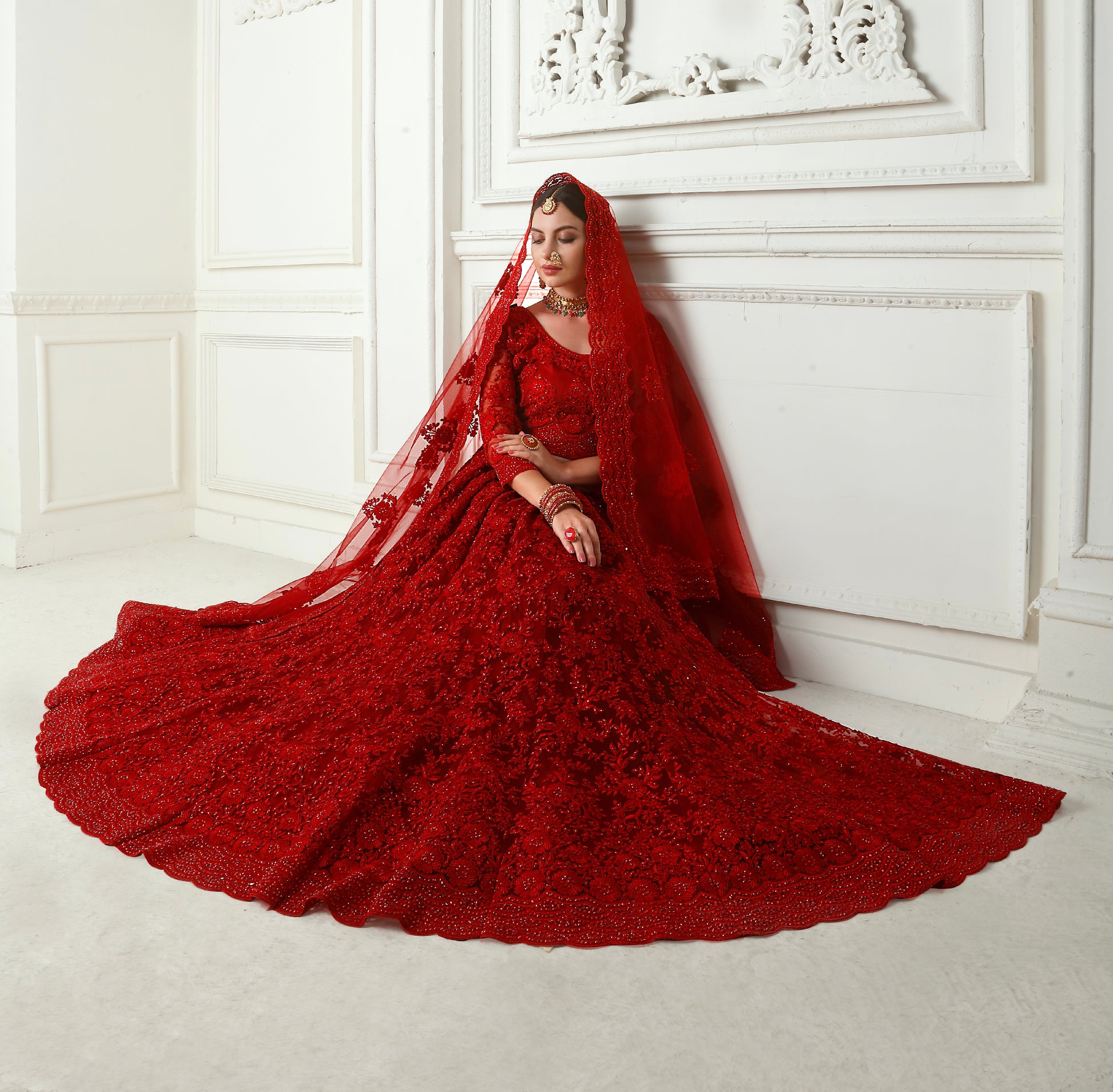 Red Net Lehenga with Heavy Cording Embroidery & Stone Detailing