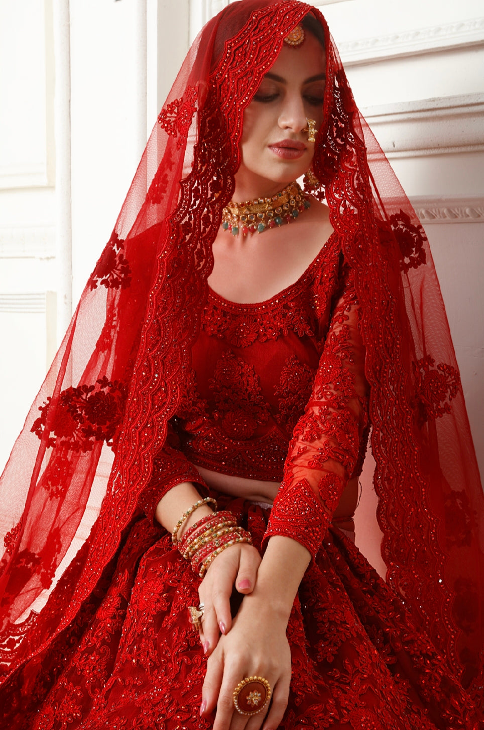 Red Net Lehenga with Heavy Cording Embroidery & Stone Detailing