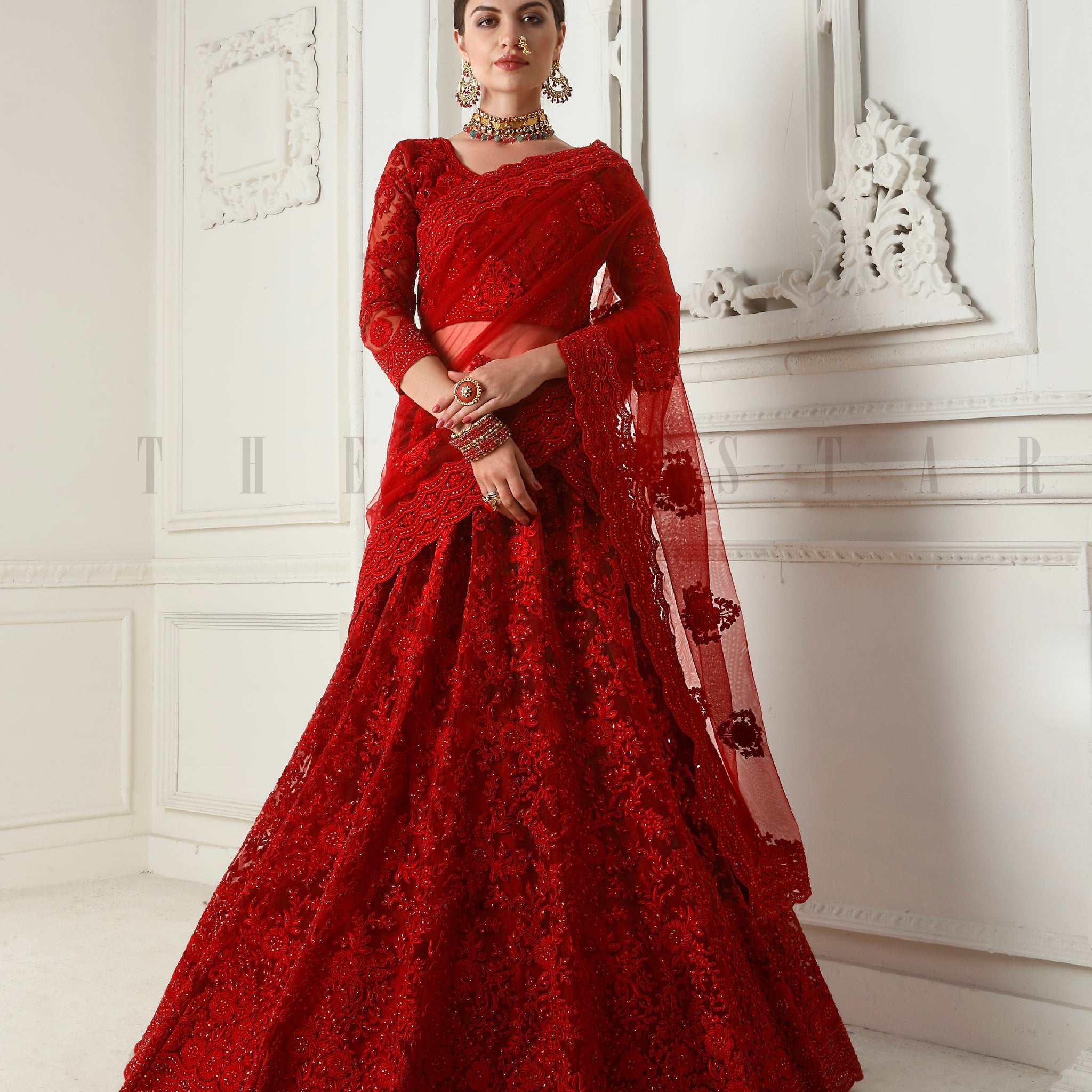 Red Net Lehenga with Heavy Cording Embroidery & Stone Detailing