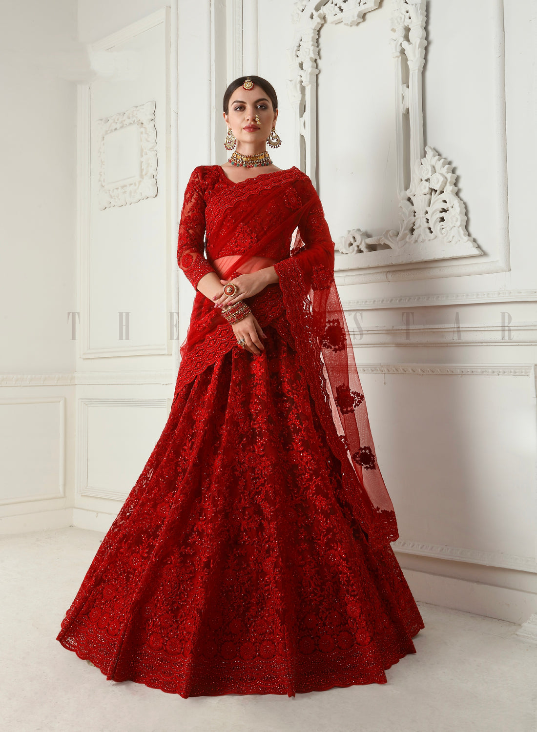 Red Net Lehenga with Heavy Cording Embroidery & Stone Detailing