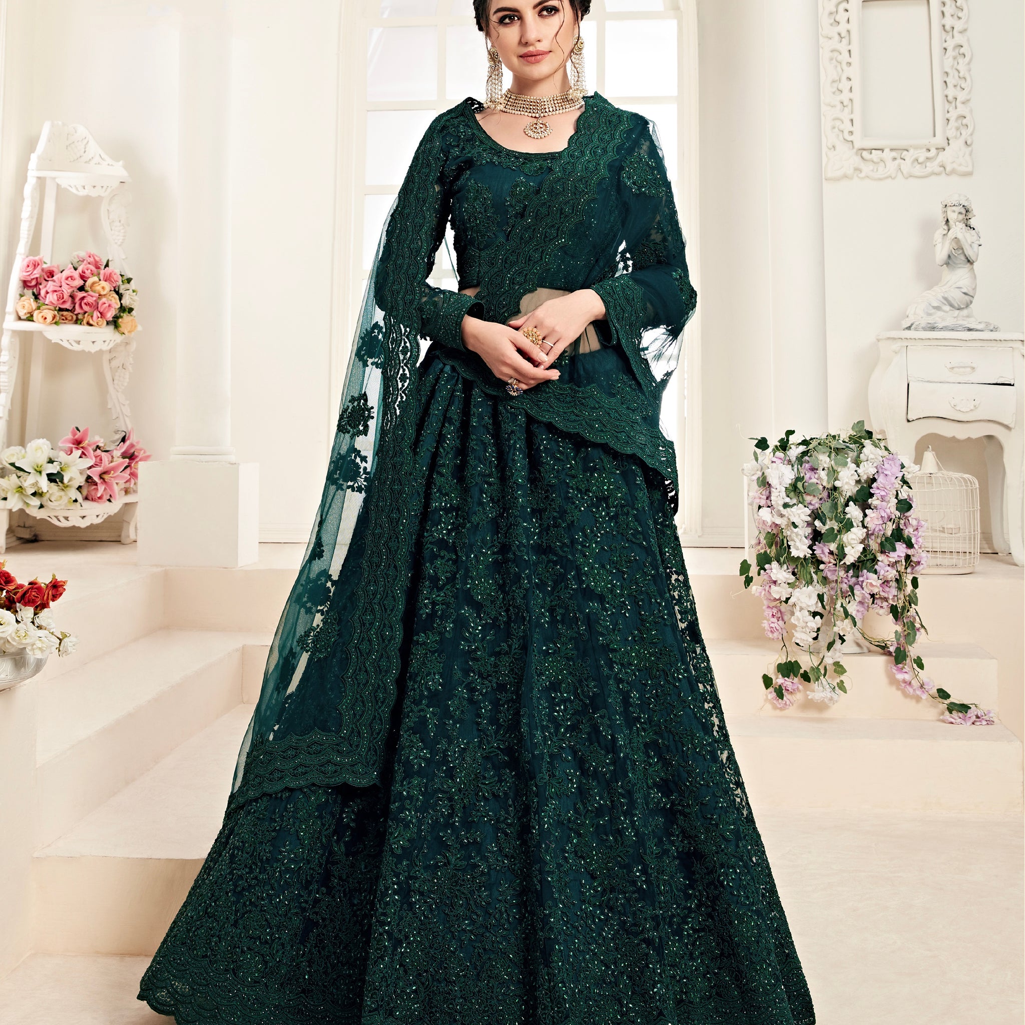 Deep Green Net Lehenga with Stone Work and Embroidery