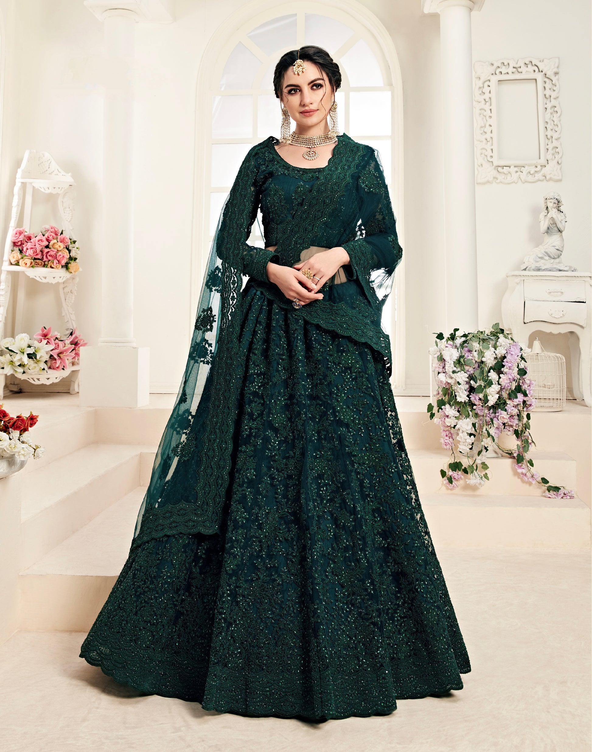 Deep Green Net Lehenga with Stone Work and Embroidery