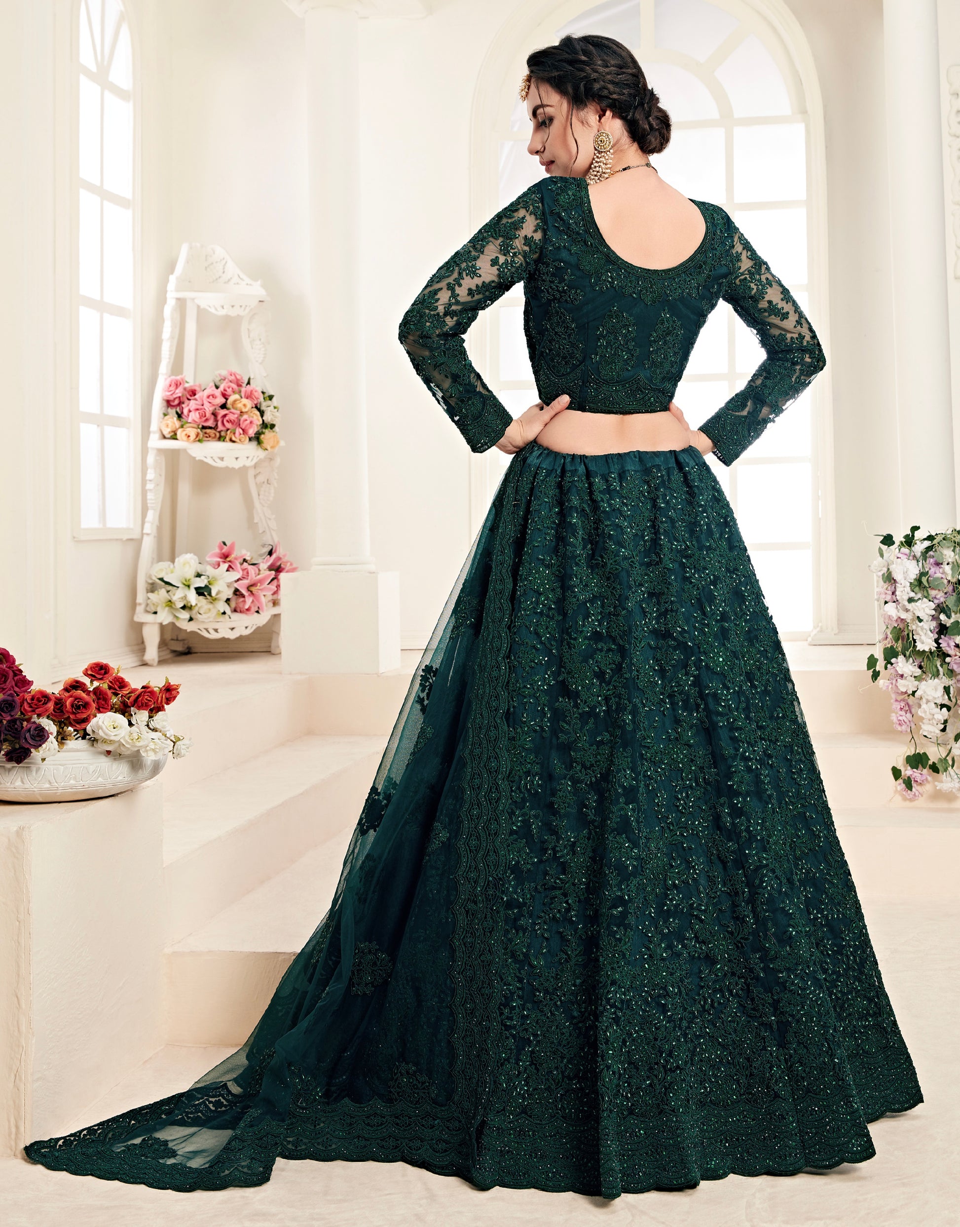 Deep Green Net Lehenga with Stone Work and Embroidery