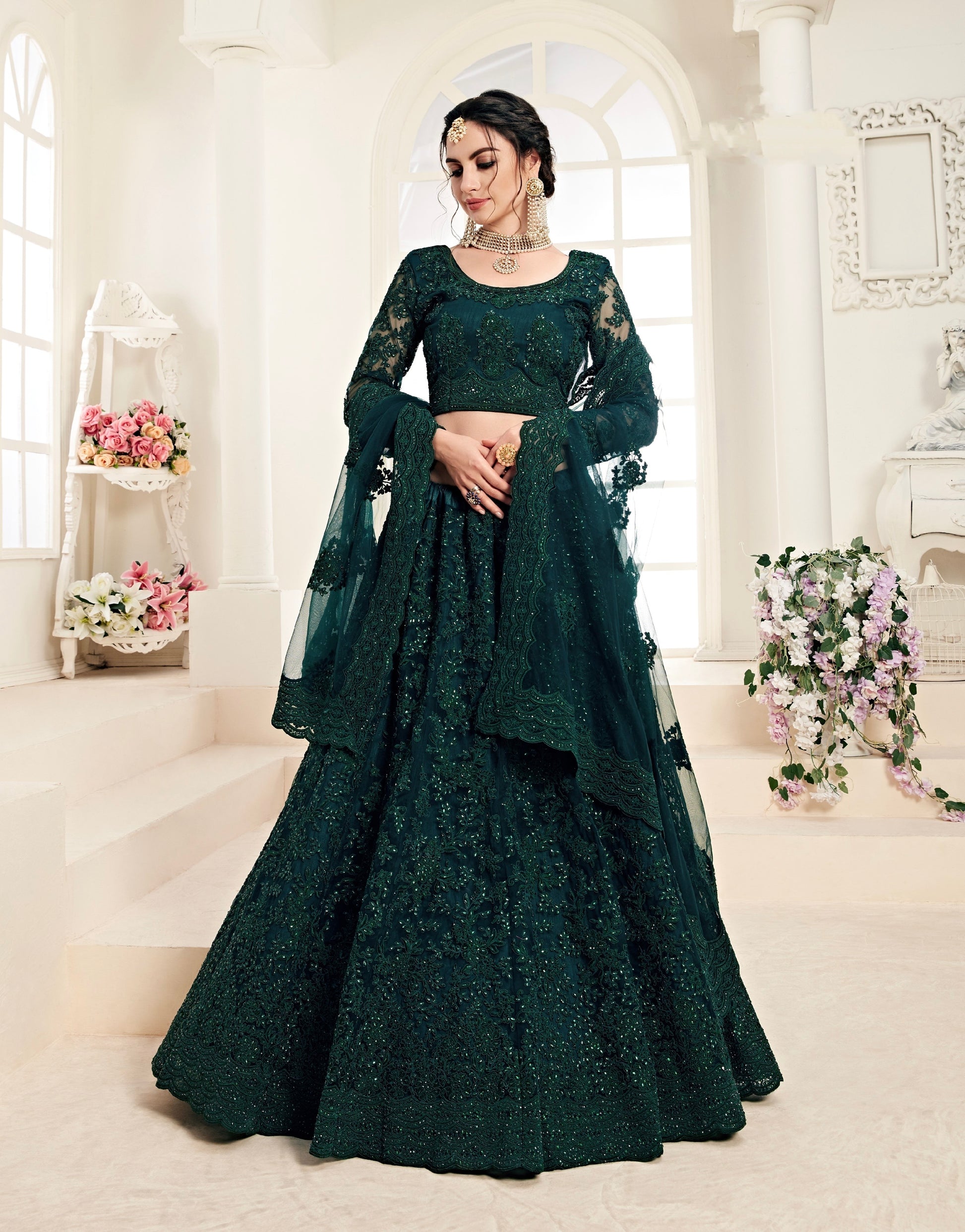 Deep Green Net Lehenga with Stone Work and Embroidery