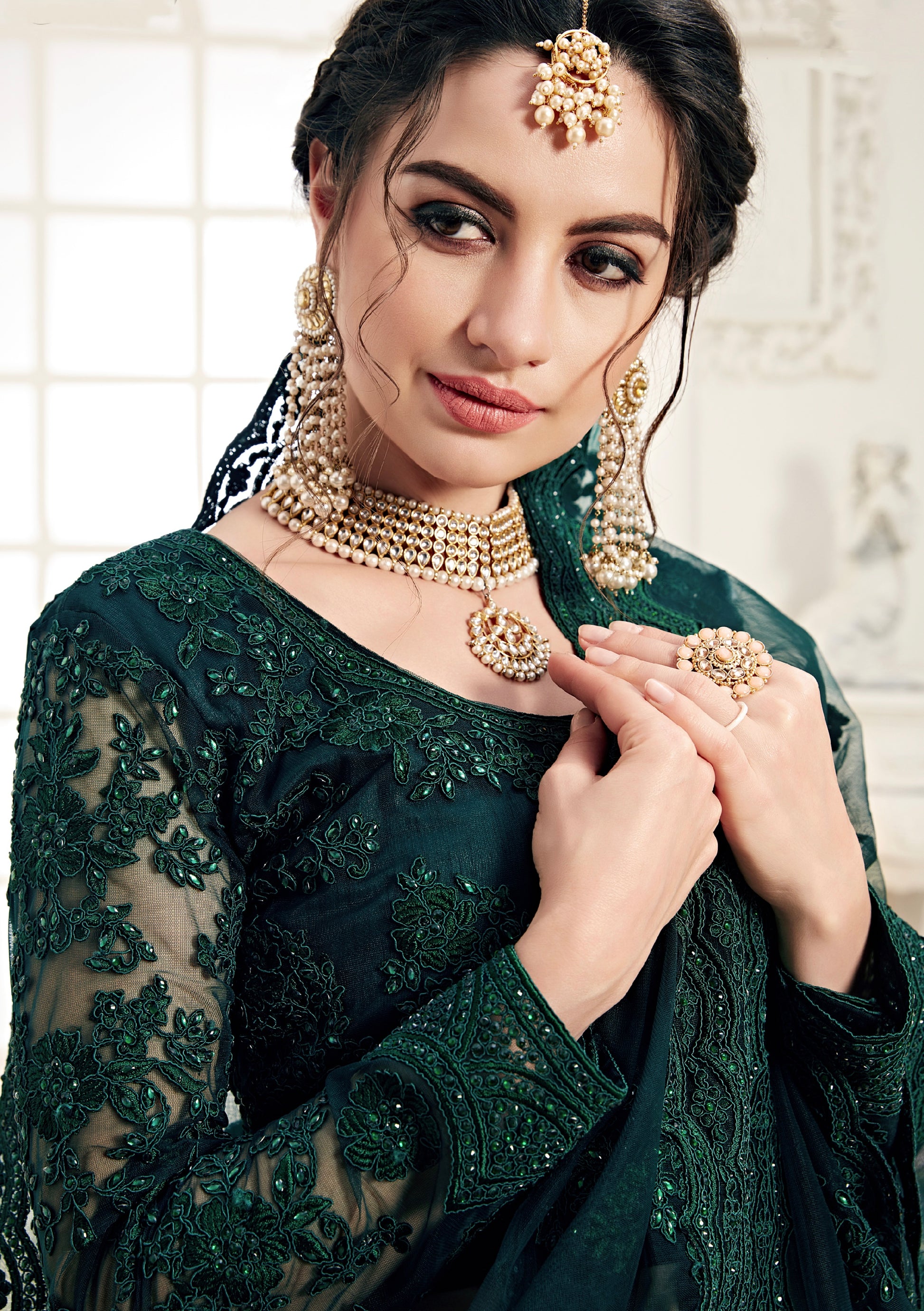 Deep Green Net Lehenga with Stone Work and Embroidery