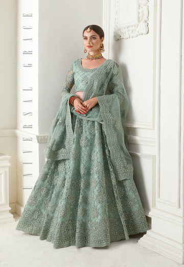 Mint Green Net Lehenga with Elegant Threadwork & Stone Embellishments