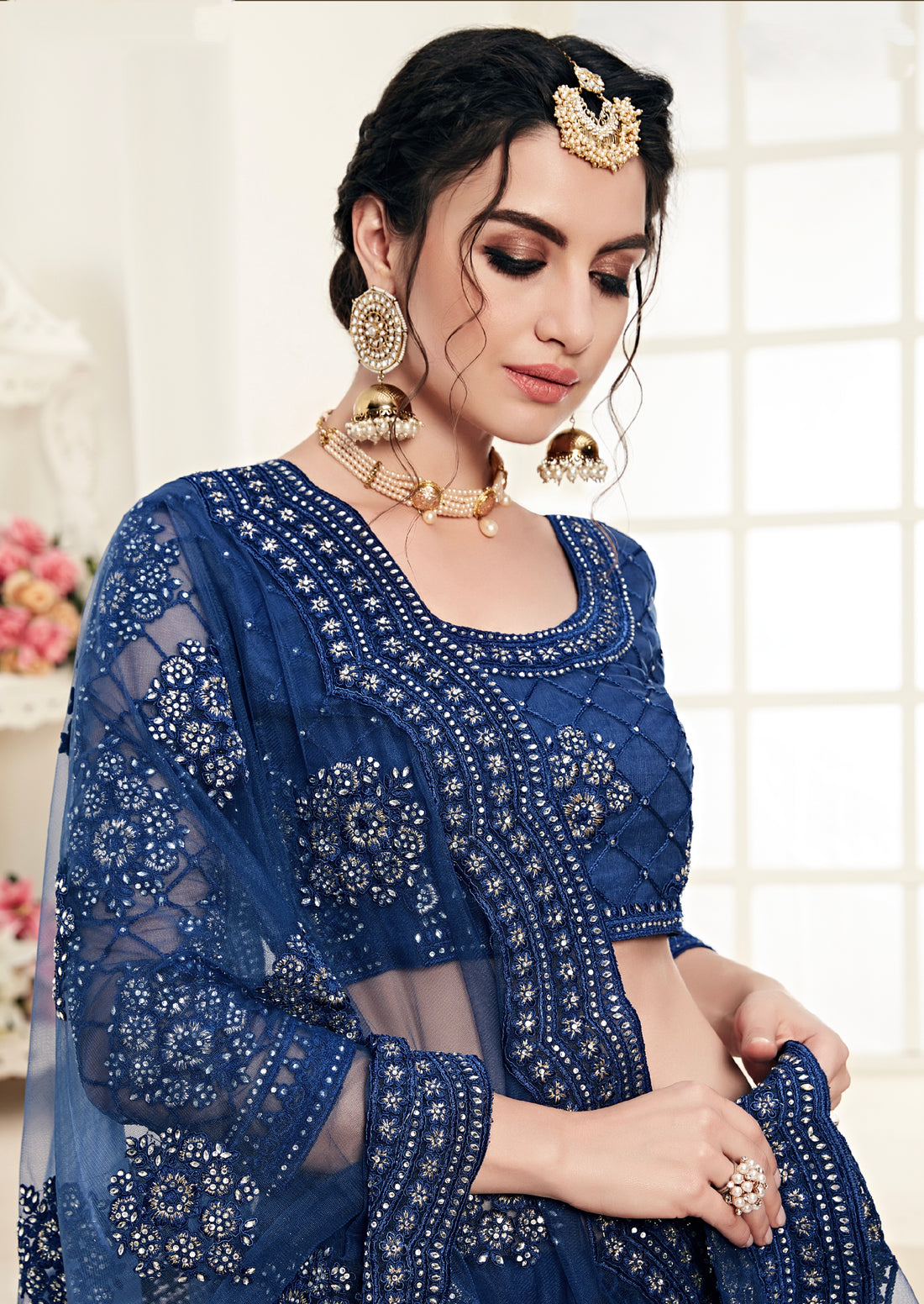 Royal Blue Net Lehenga with Exquisite Embroidery and Stone Detailing