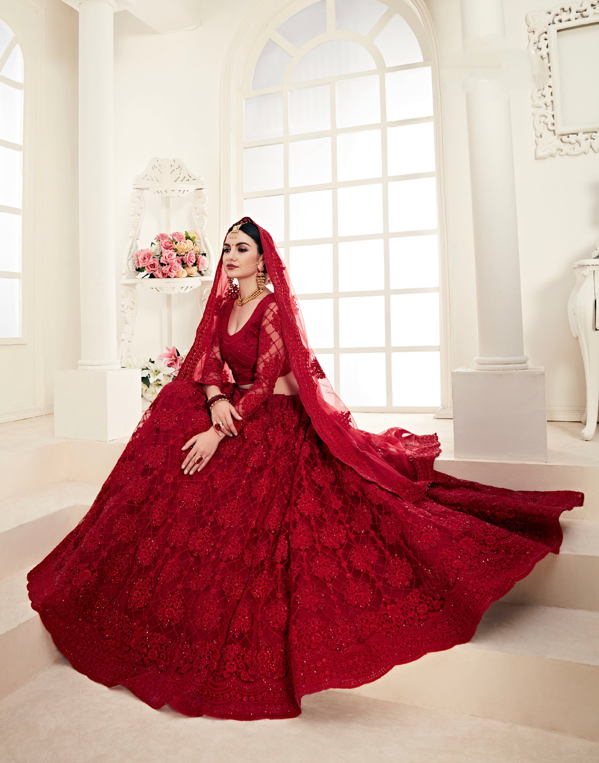 Red Bridal Net Lehenga with Stunning Embroidery and Stone Work