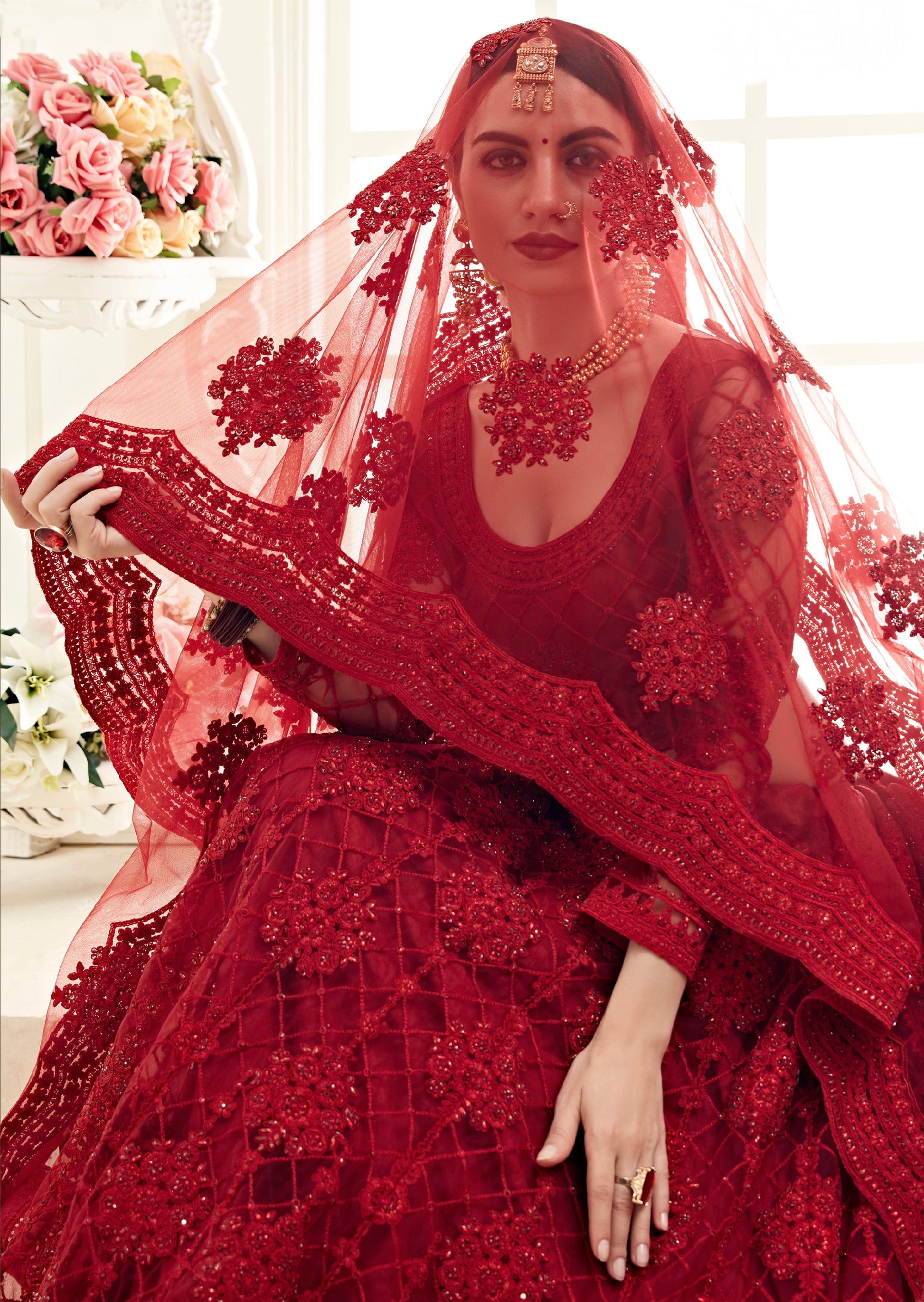 Red Bridal Net Lehenga with Stunning Embroidery and Stone Work