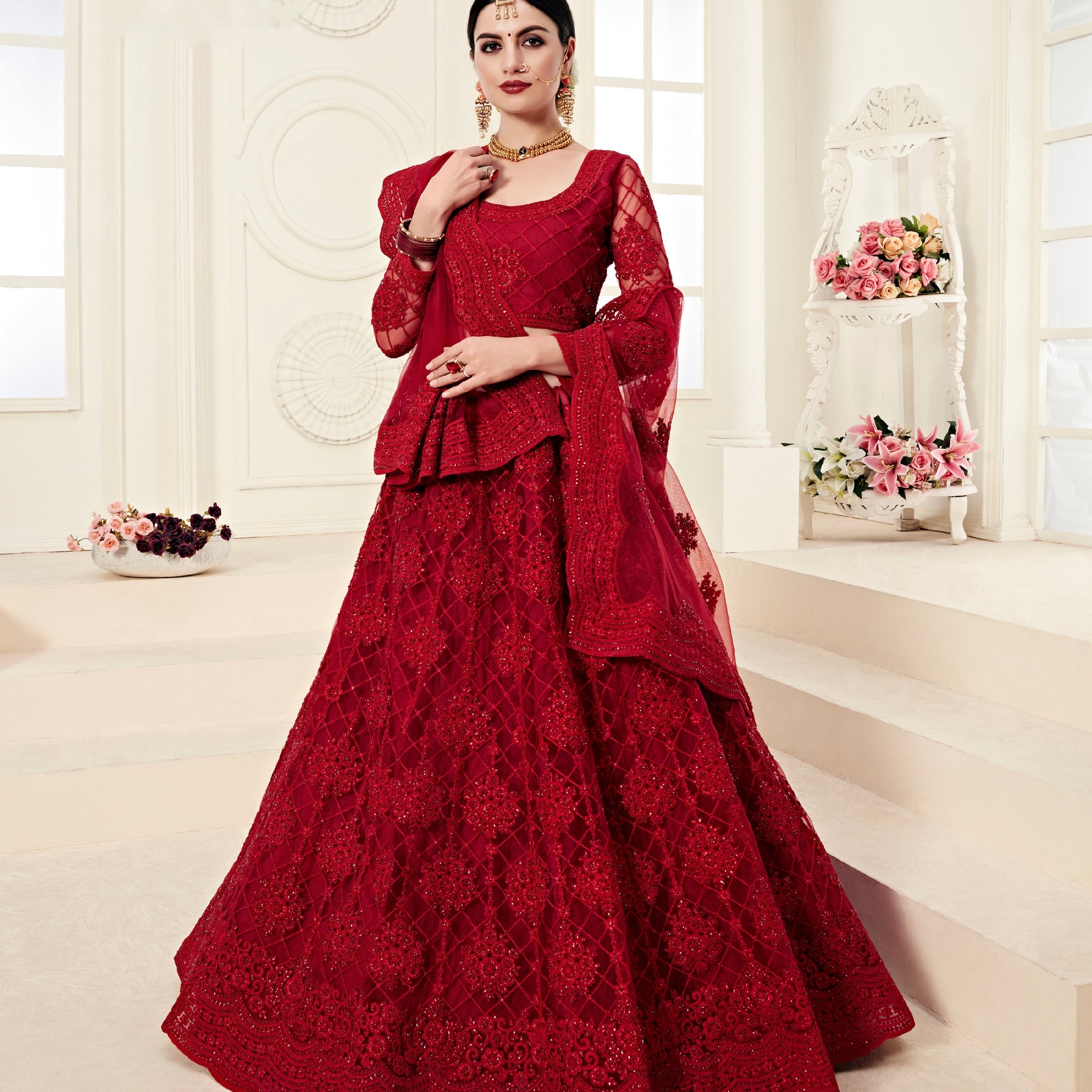 Red Bridal Net Lehenga with Stunning Embroidery and Stone Work