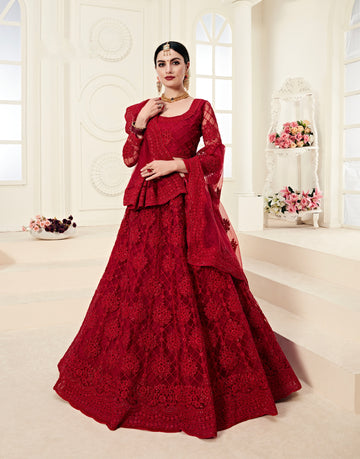 Red Bridal Net Lehenga with Stunning Embroidery and Stone Work