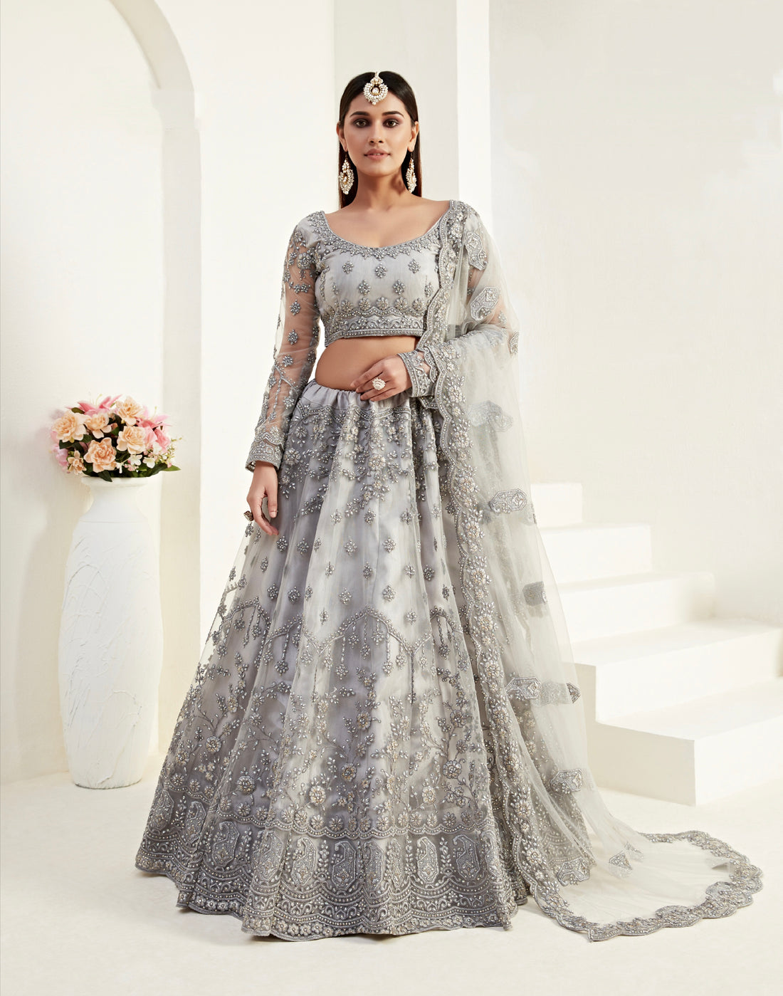 Grey Bridal Lehenga with Heavy Balda Embroidery and Cutwork Dupatta