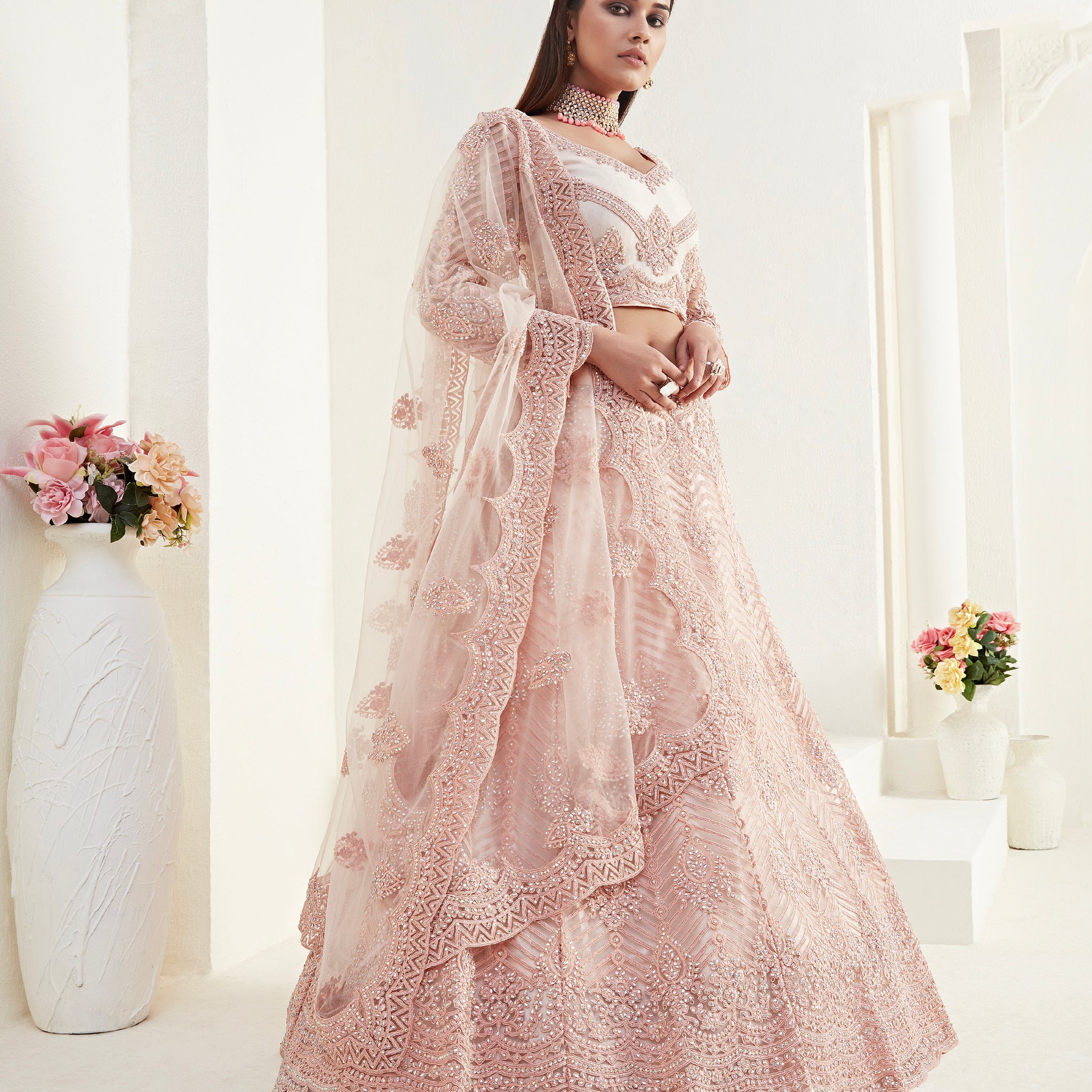 Peach Bridal Lehenga with Cording Embroidery and Cutwork Dupatta