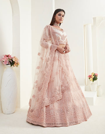 Peach Bridal Lehenga with Cording Embroidery and Cutwork Dupatta