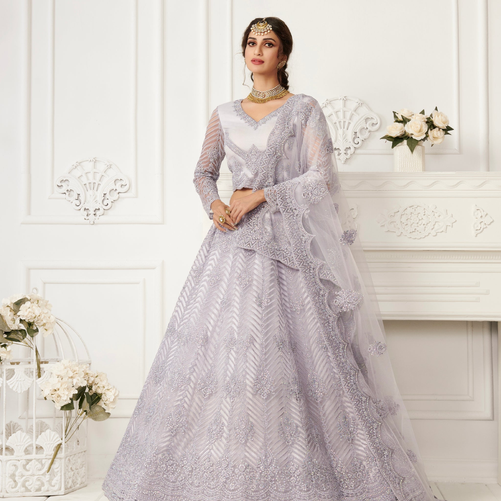 Lavender Bridal Lehenga with Cording Embroidery and Cutwork Dupatta