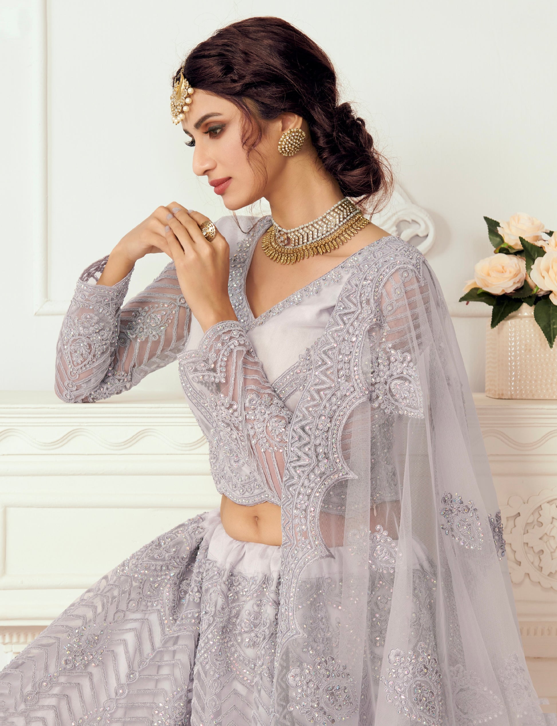 Lavender Bridal Lehenga with Cording Embroidery and Cutwork Dupatta