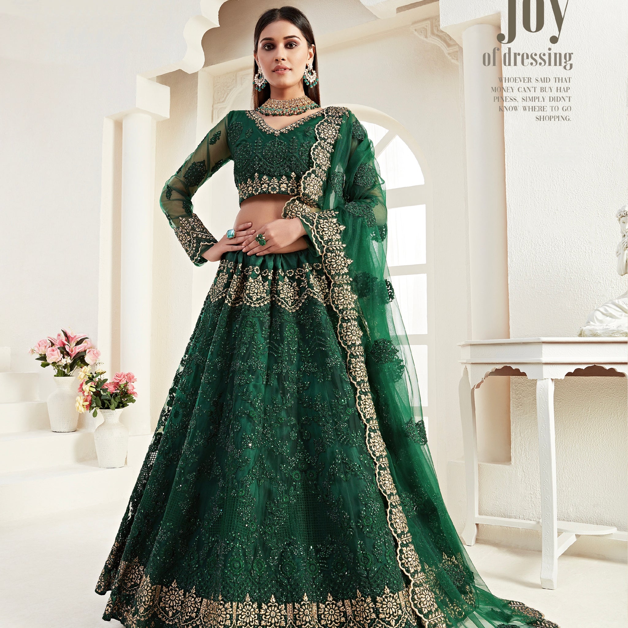 Green Bridal Lehenga with Zari Embroidery and Stonework