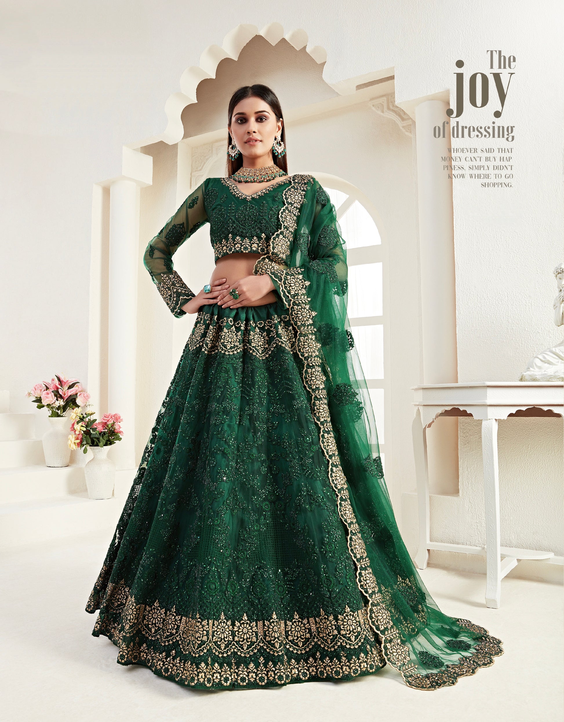 Green Bridal Lehenga with Zari Embroidery and Stonework