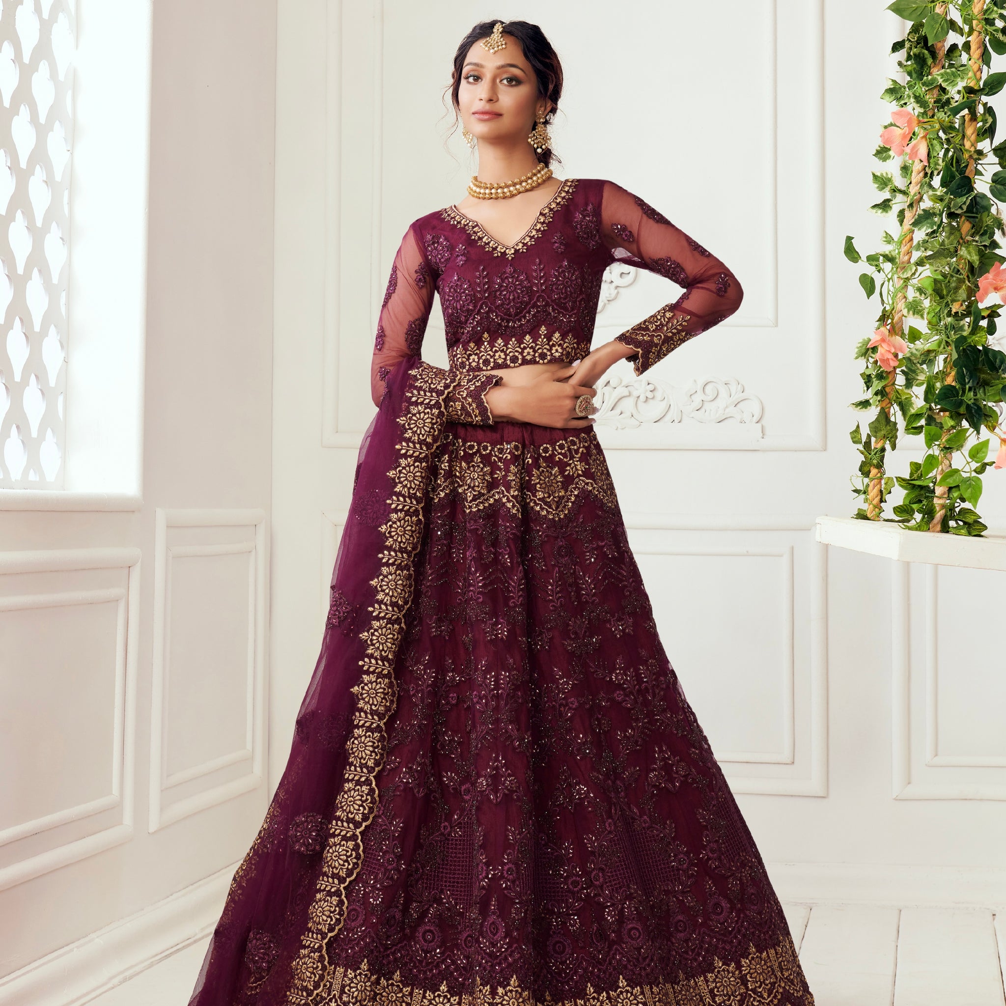 Royal Maroon Bridal Lehenga with Zari and Thread Embroidery