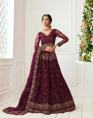 Royal Maroon Bridal Lehenga with Zari and Thread Embroidery