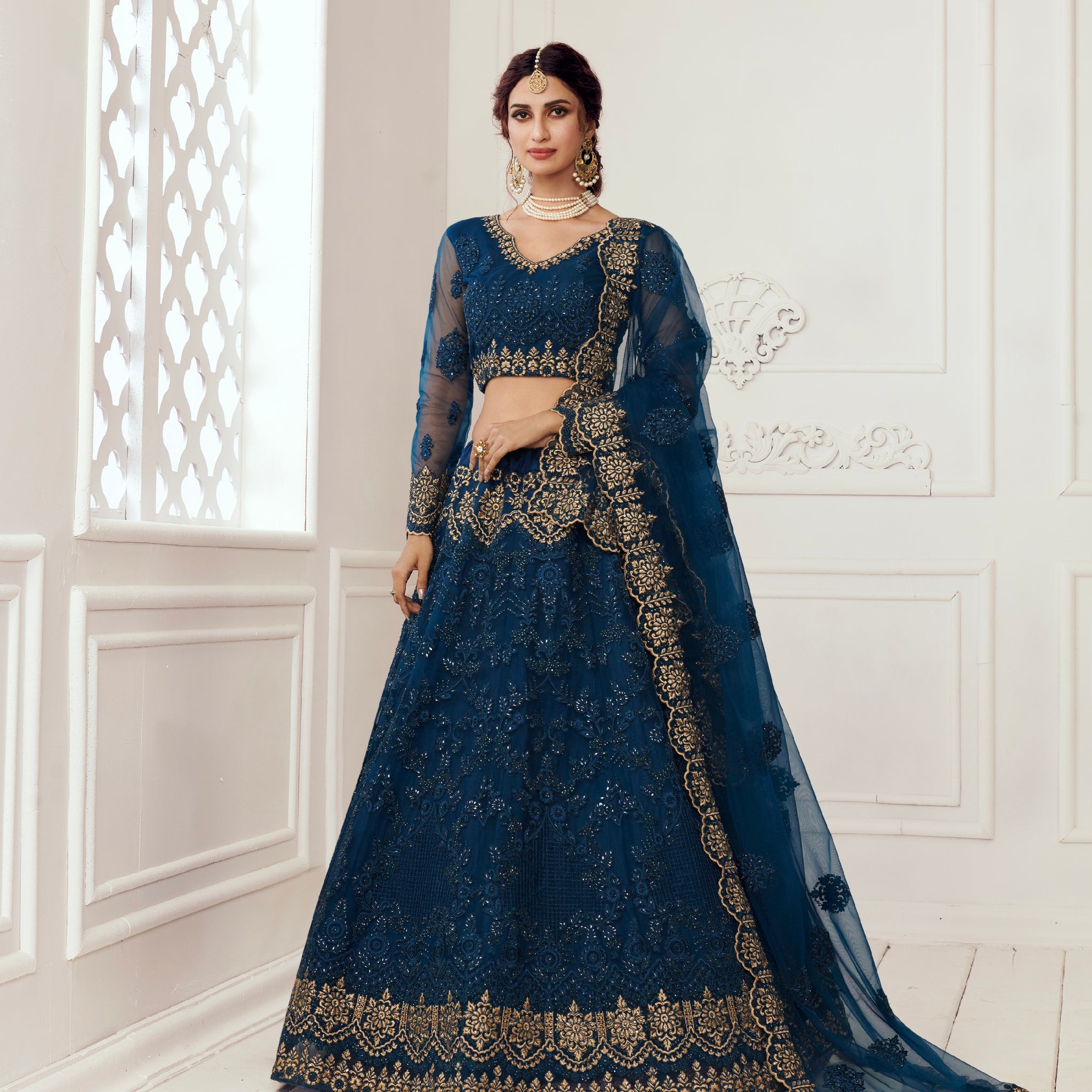 Prussian Blue Bridal Lehenga with Zari Embroidery and Heavy Work