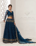 Prussian Blue Bridal Lehenga with Zari Embroidery and Heavy Work