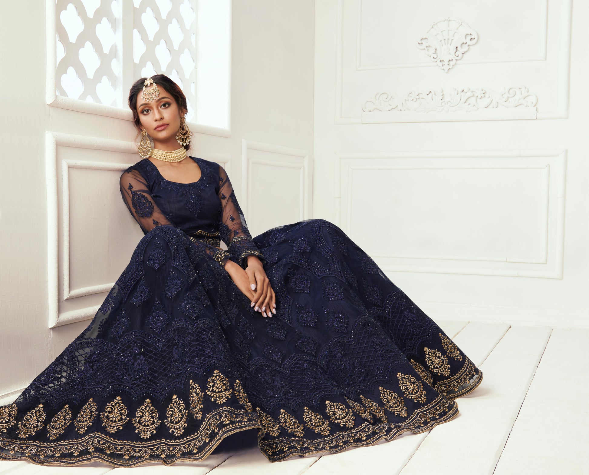 Deep Blue Net Lehenga Set with Zari Embroidery & Heavy Can-Can