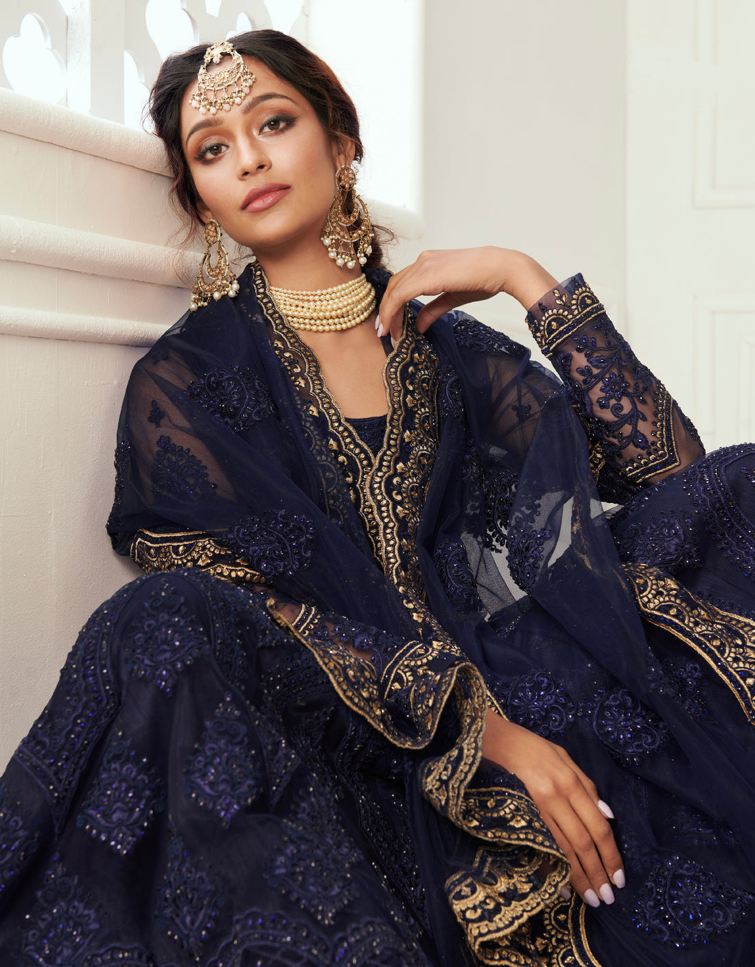 Deep Blue Net Lehenga Set with Zari Embroidery & Heavy Can-Can