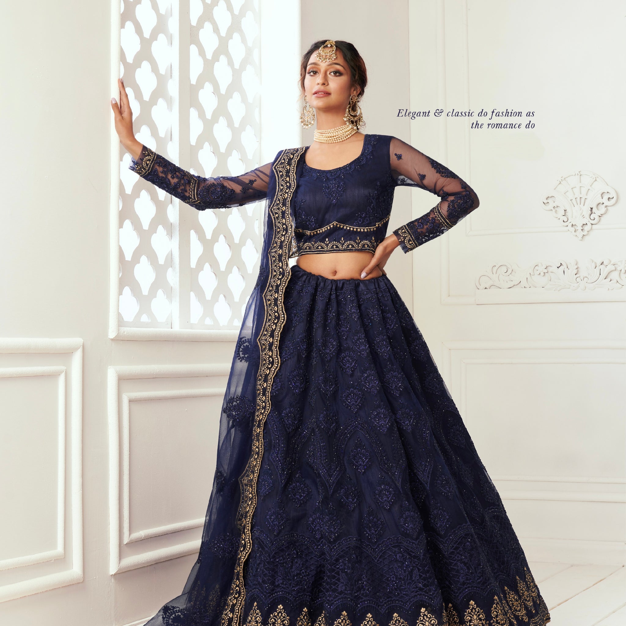 Deep Blue Net Lehenga Set with Zari Embroidery & Heavy Can-Can