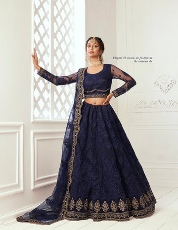 Deep Blue Net Lehenga Set with Zari Embroidery & Heavy Can-Can