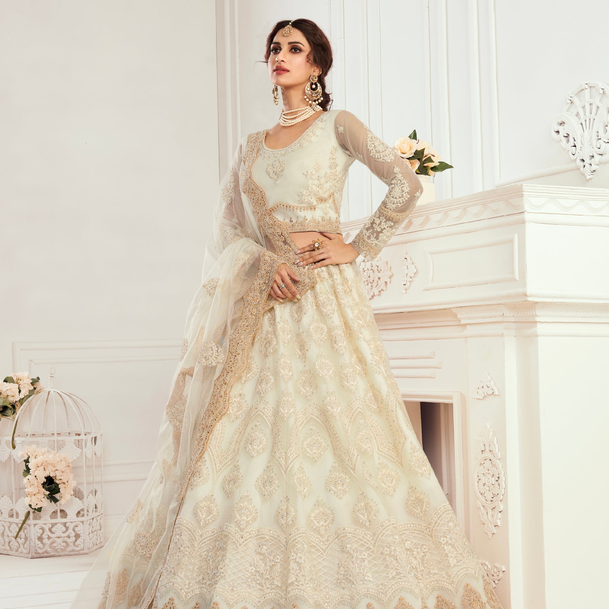 White Net Bridal Lehenga with Balda Embroidery & Dupatta