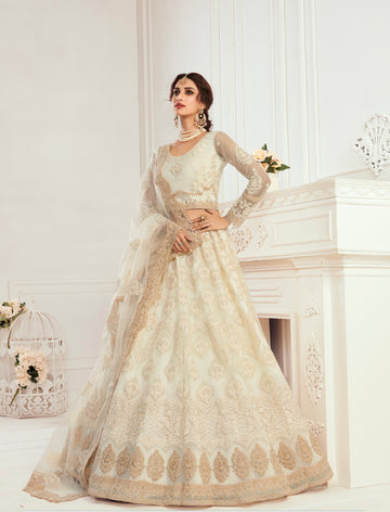 White Net Bridal Lehenga with Balda Embroidery & Dupatta