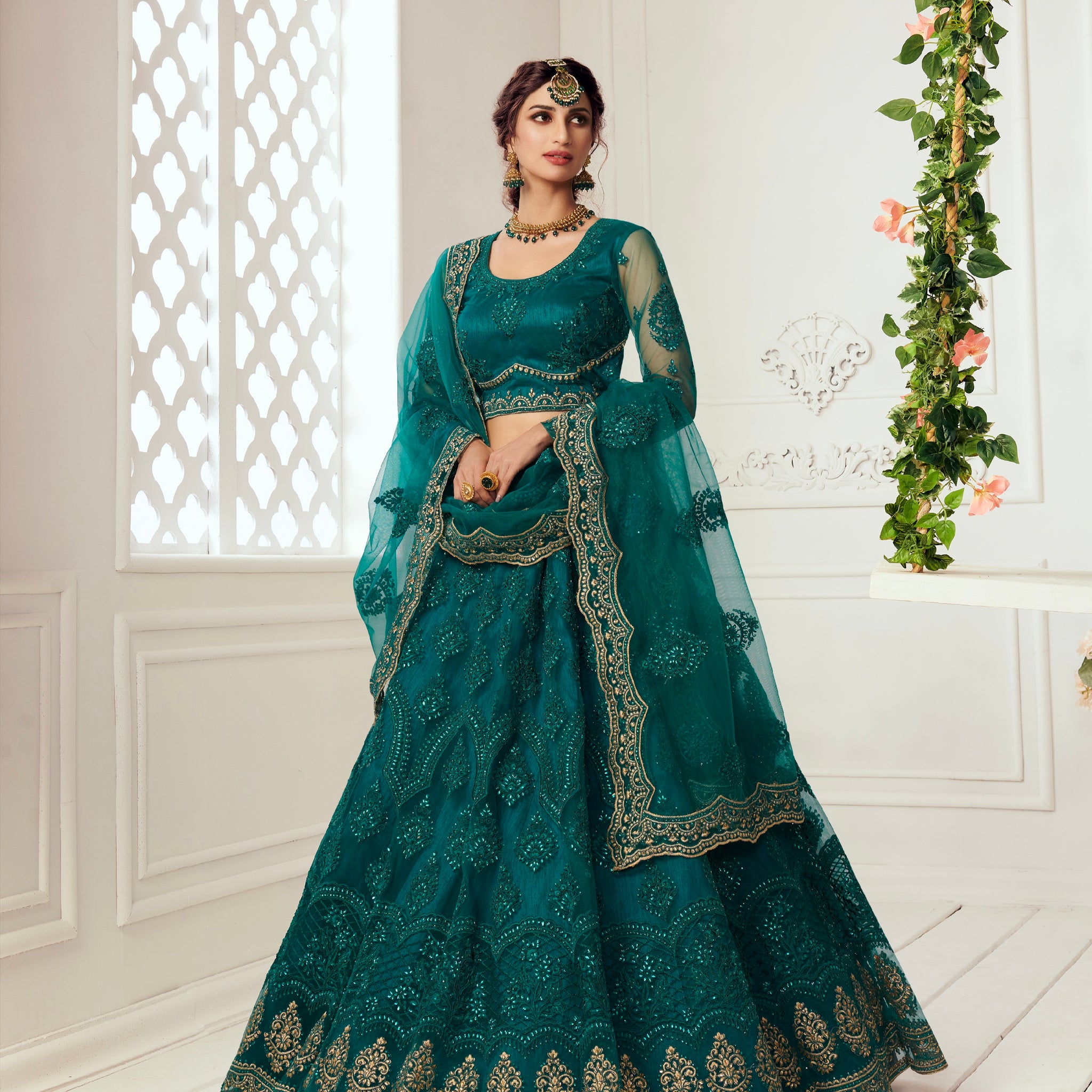 Rich Teal Bridal Lehenga with Balda Embroidery