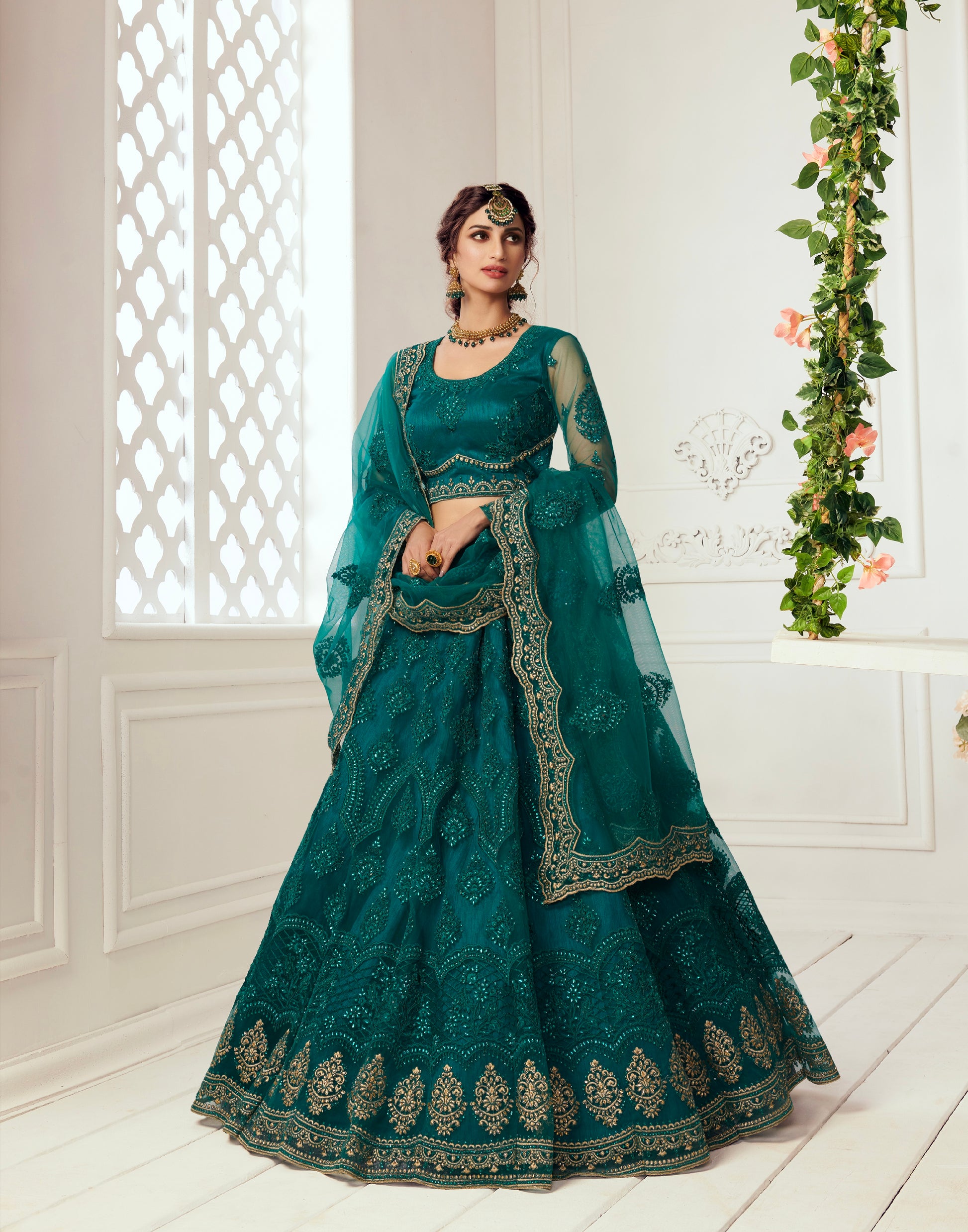 Rich Teal Bridal Lehenga with Balda Embroidery