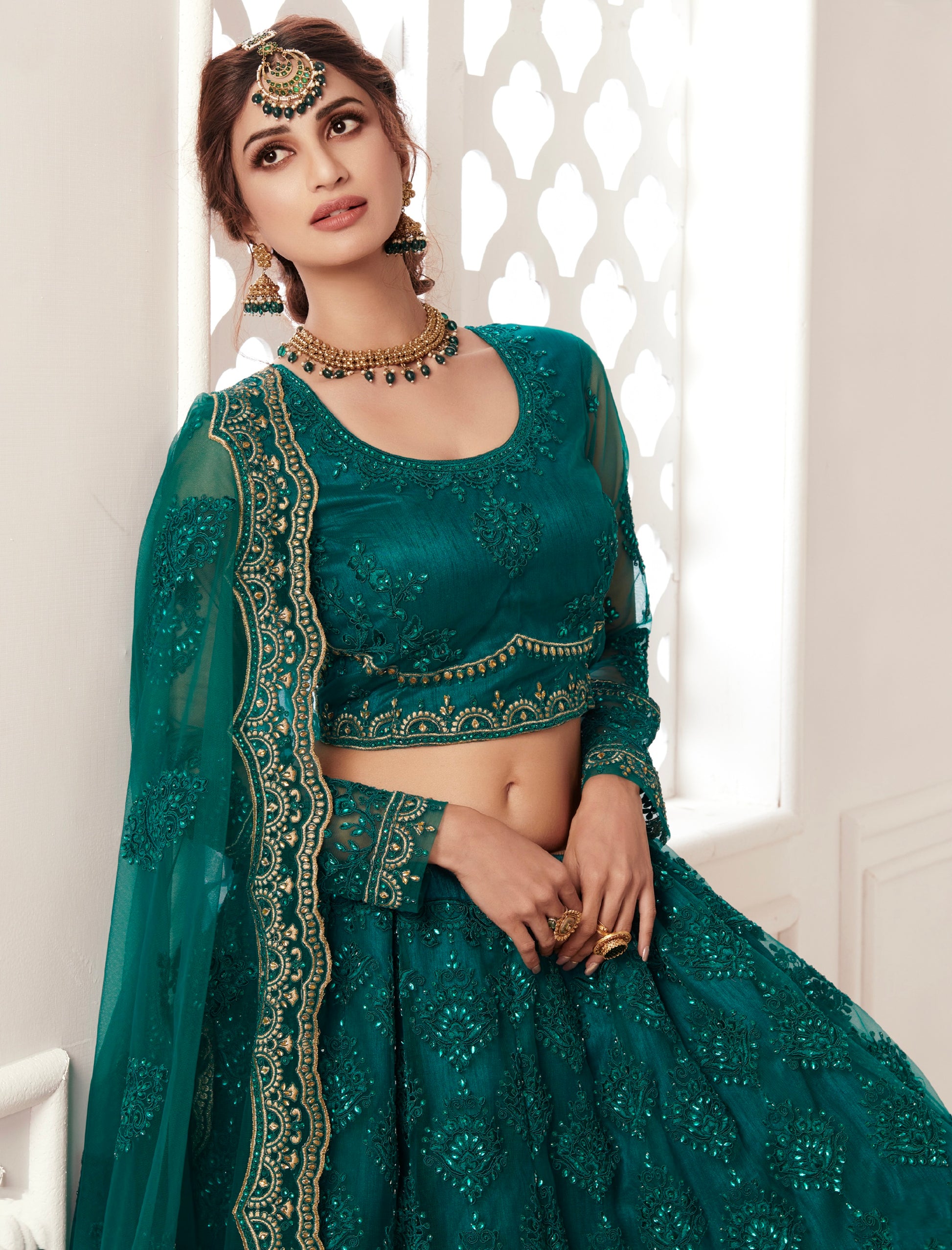 Rich Teal Bridal Lehenga with Balda Embroidery