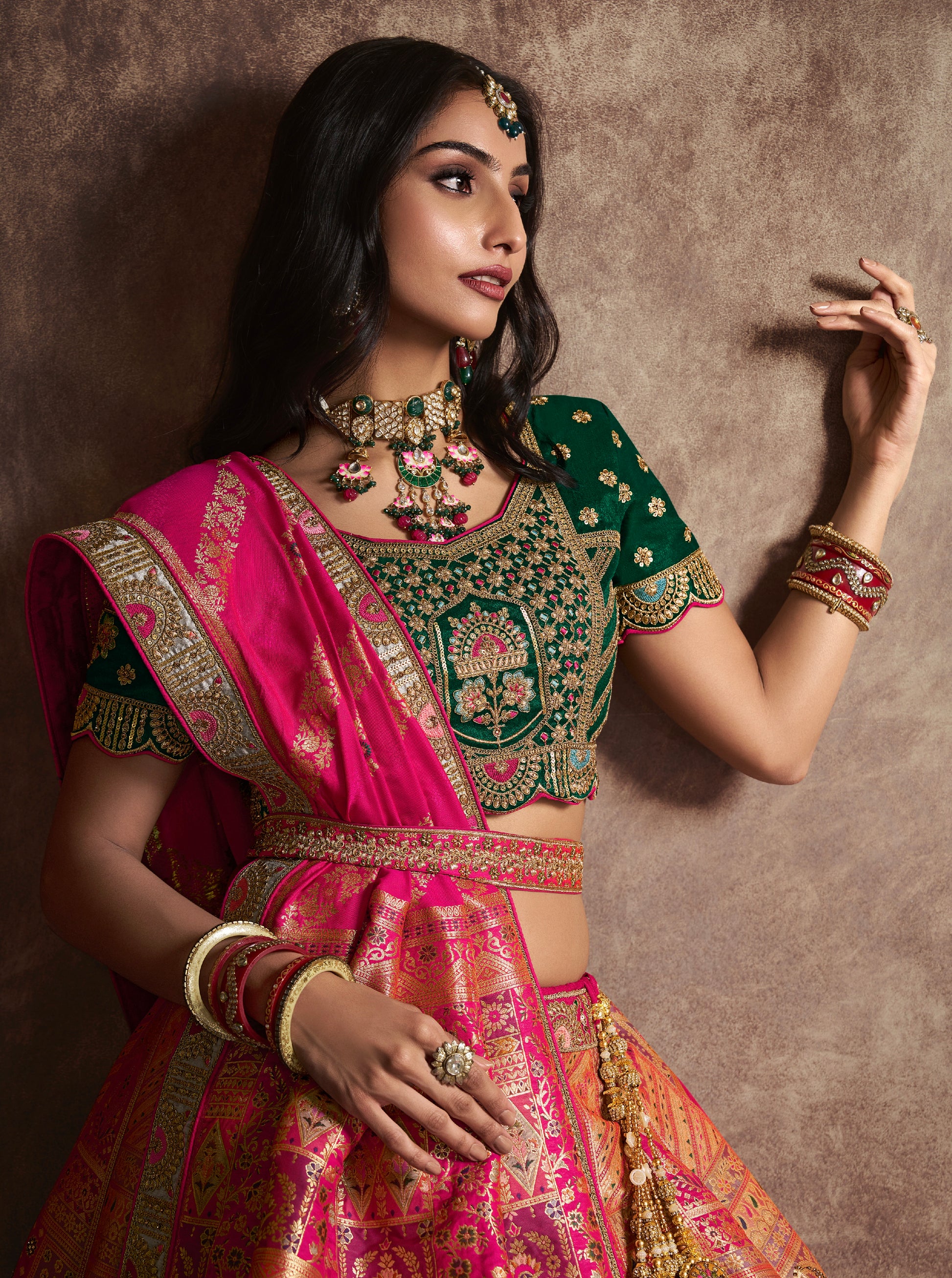 Green and Pink Zarkan Sequins Work Banarasi Lehenga