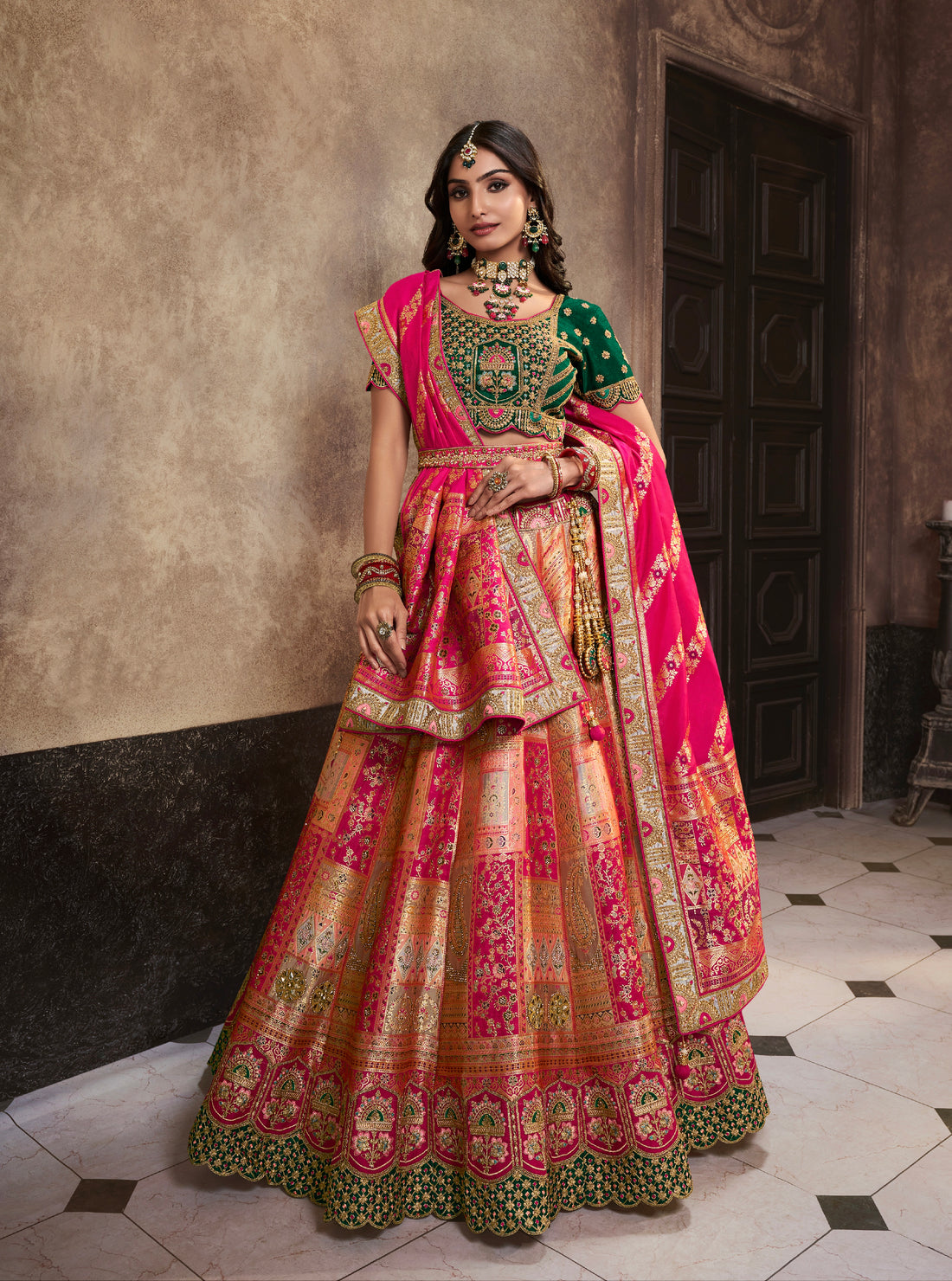 Green and Pink Banarasi Silk Lehenga Choli with Zarkan Sequins Work