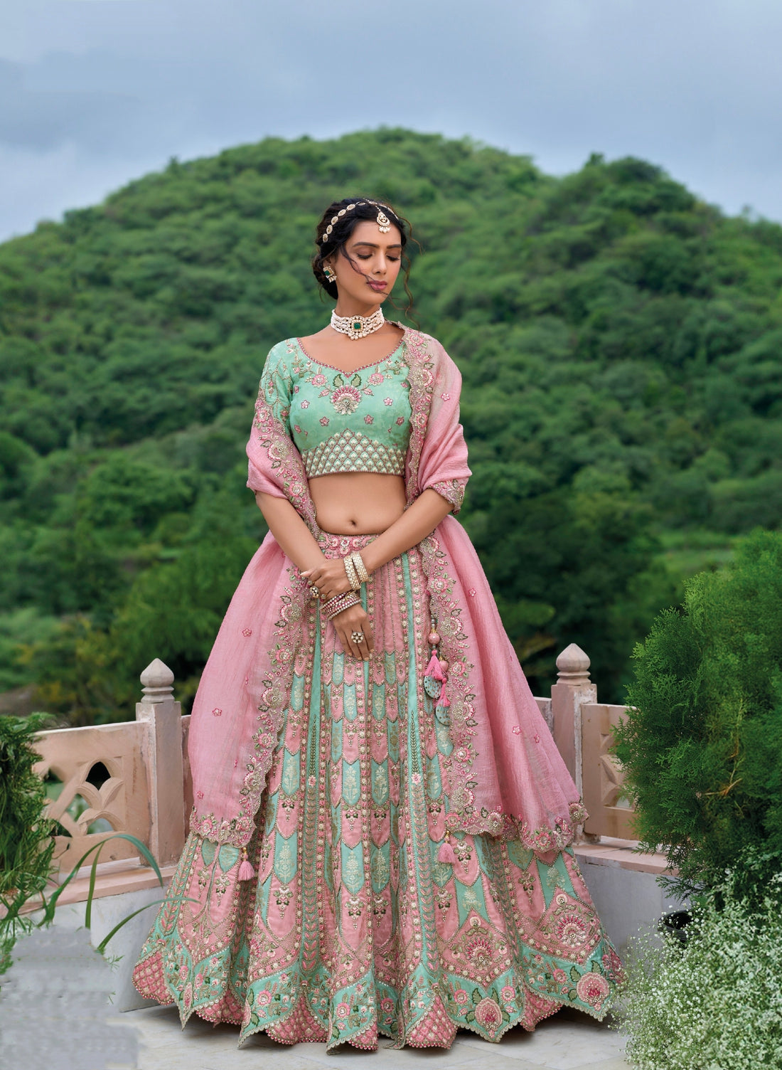 Mint Green Embroidered Lehenga Choli with Pink Dupatta