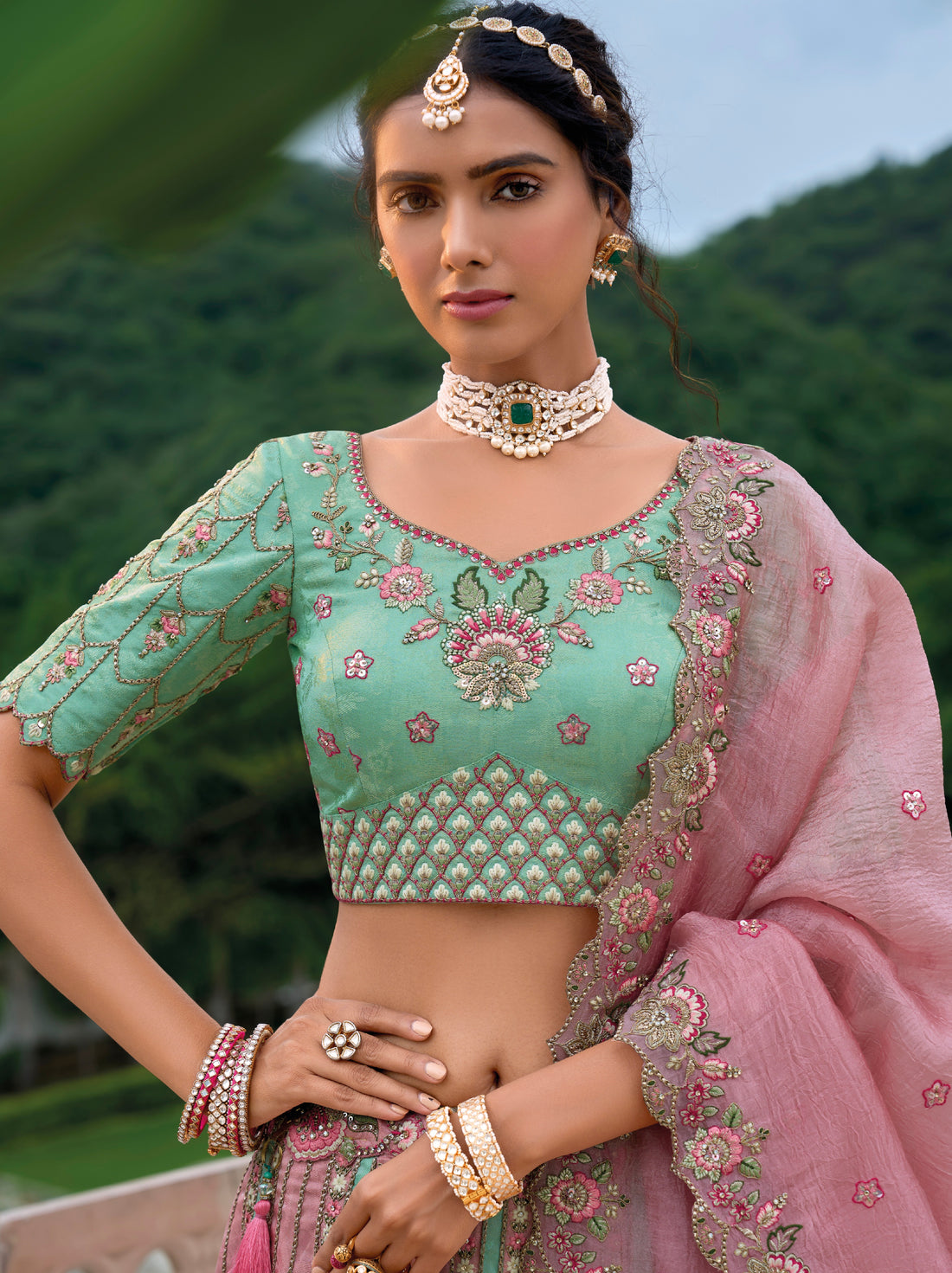 Mint Green Embroidered Lehenga Choli with Pink Dupatta