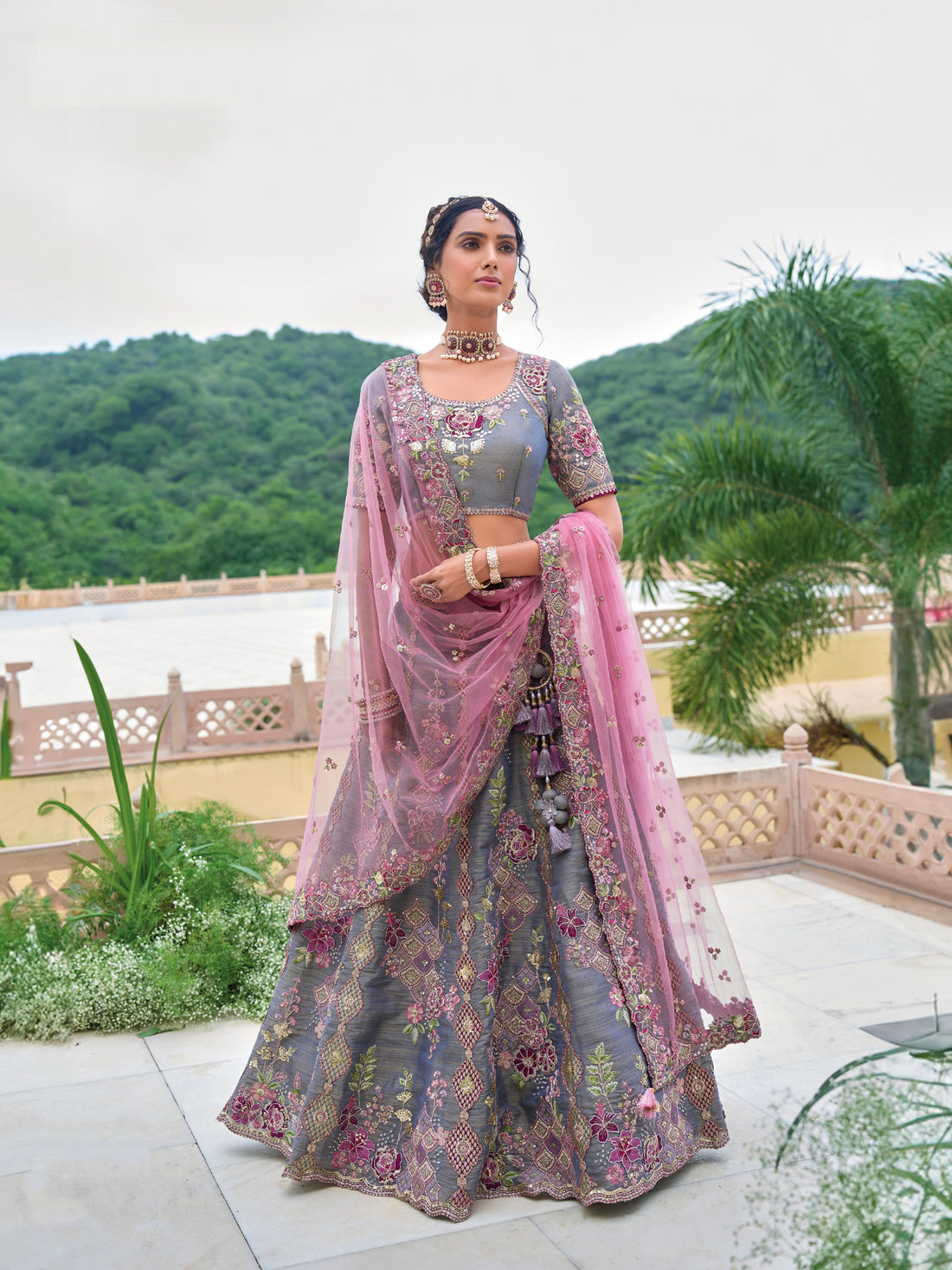 Charcoal Grey Embroidered Lehenga Choli with Pastel Pink Dupatta