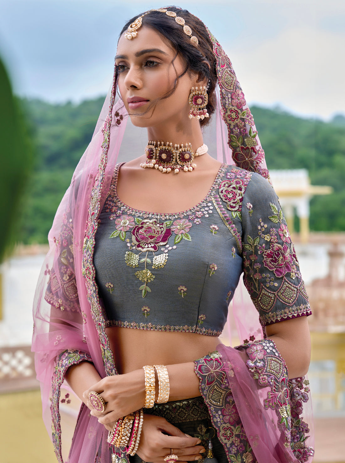 Charcoal Grey Embroidered Lehenga Choli with Pastel Pink Dupatta