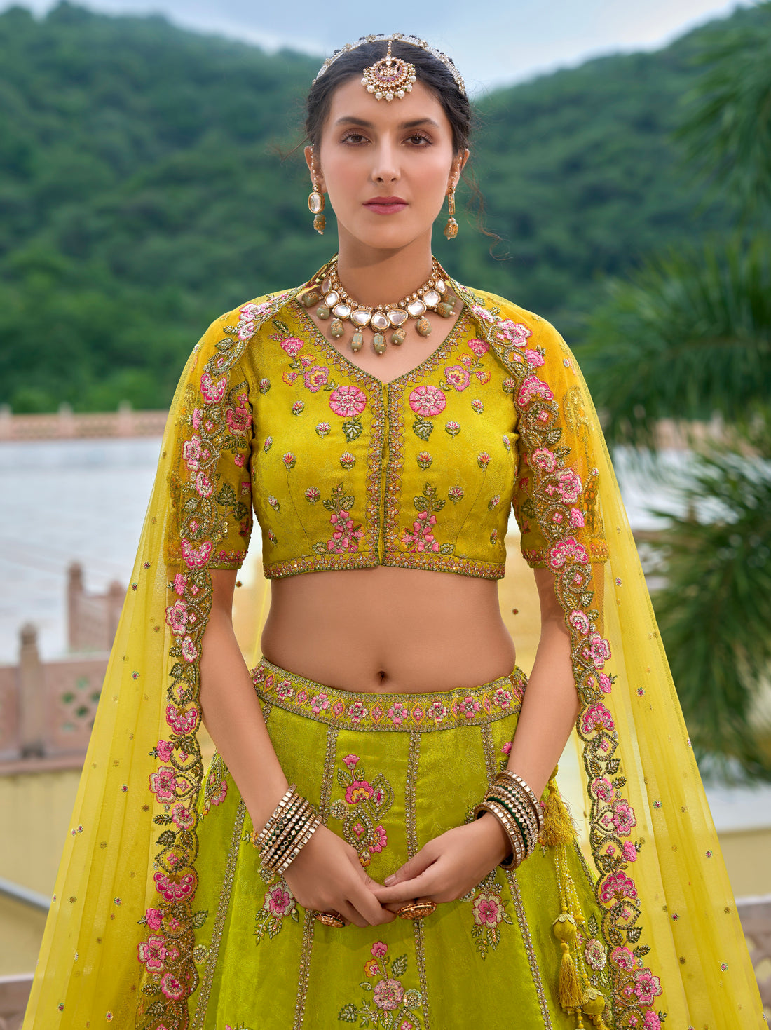 Yellow Bridal Lehenga Choli with Multicolor Embroidery