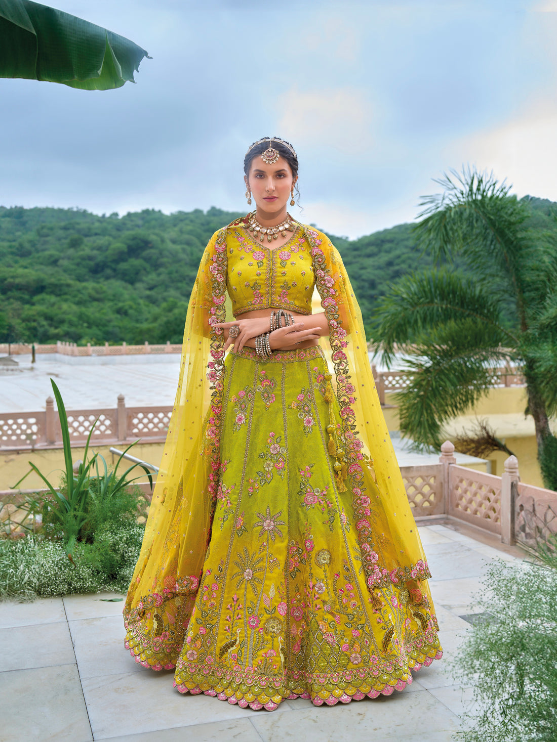 Yellow Bridal Lehenga Choli with Multicolor Embroidery