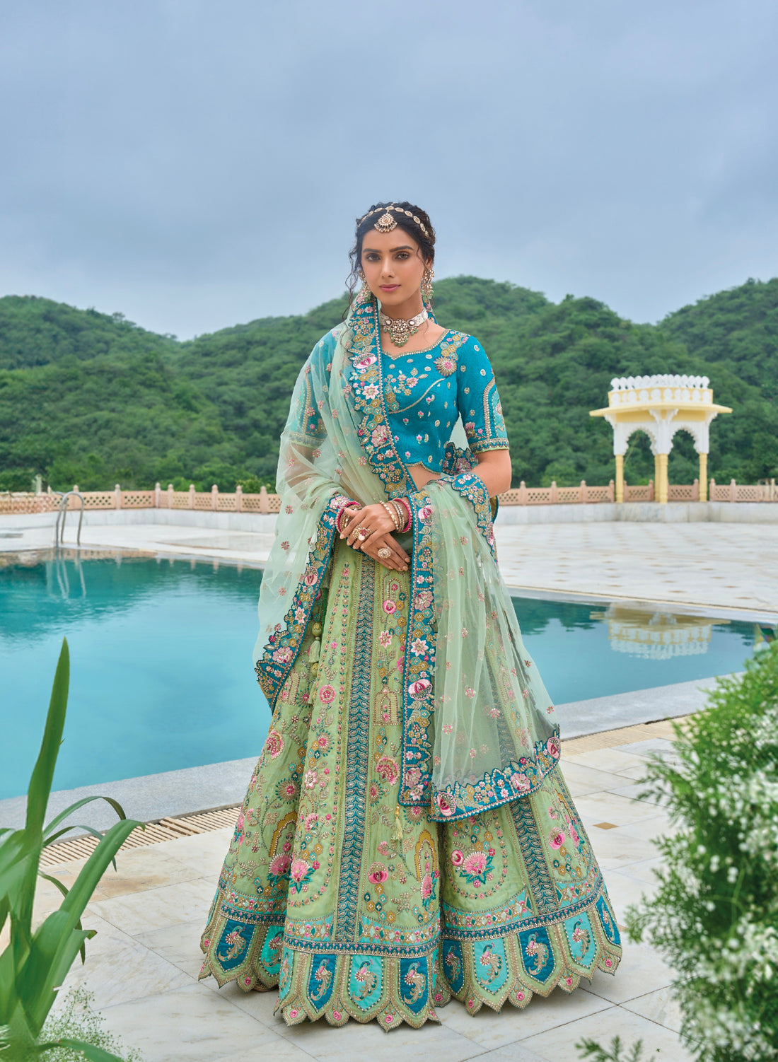 Aqua Blue and Mint Green Embroidered Lehenga with Dupatta