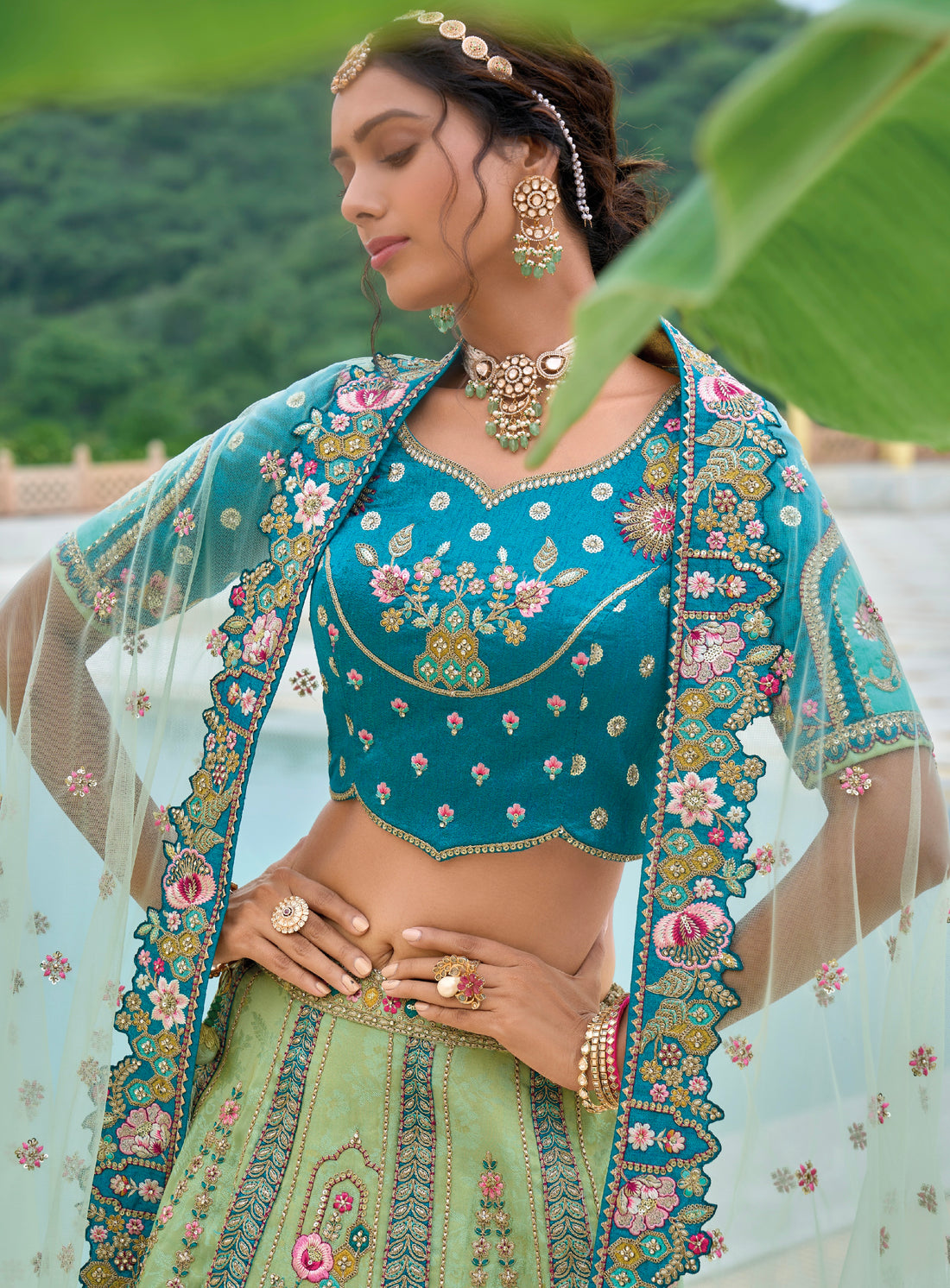 Aqua Blue and Mint Green Embroidered Lehenga with Dupatta