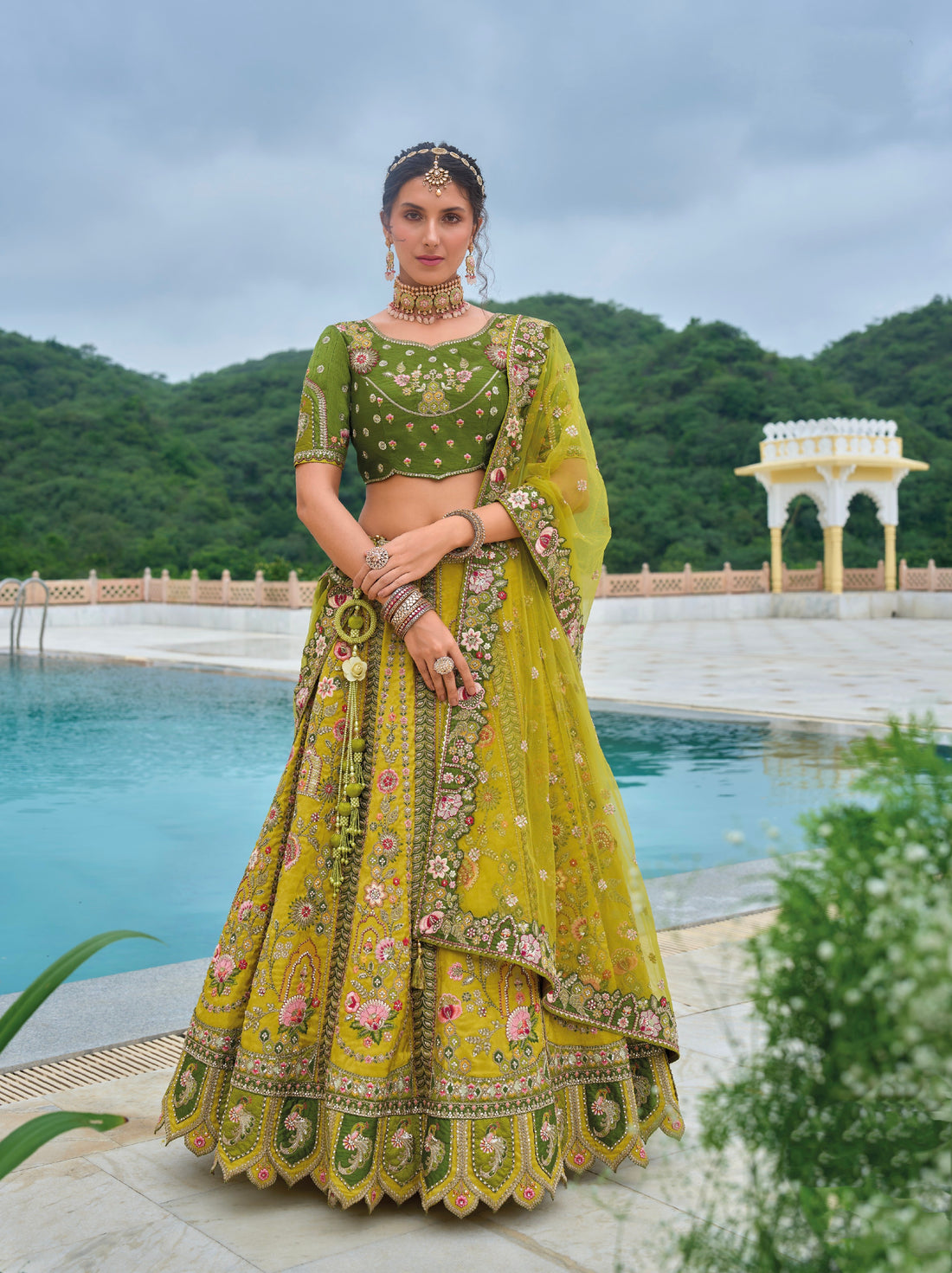 Olive Green Bridal Lehenga with Gold Embroidery