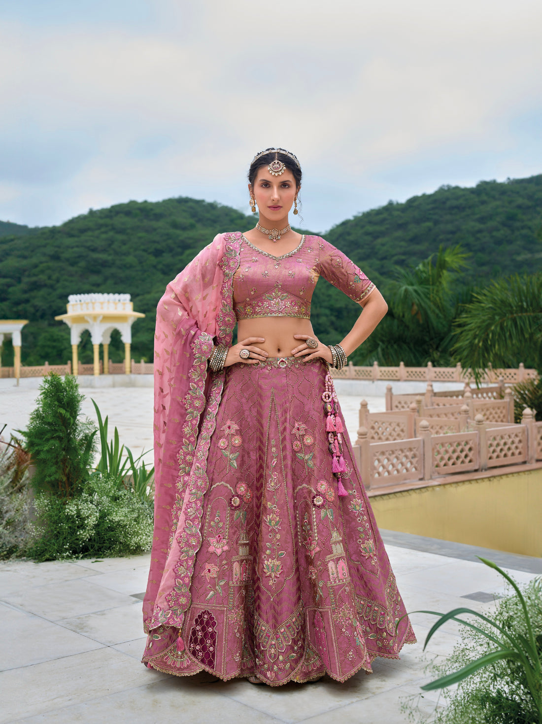 Plum Purple Embroidered Bridal Lehenga Choli with Pink Dupatta