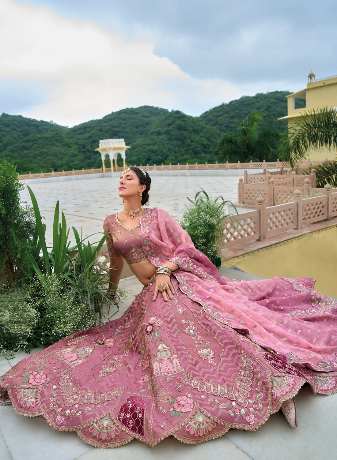 Plum Purple Embroidered Bridal Lehenga Choli with Pink Dupatta